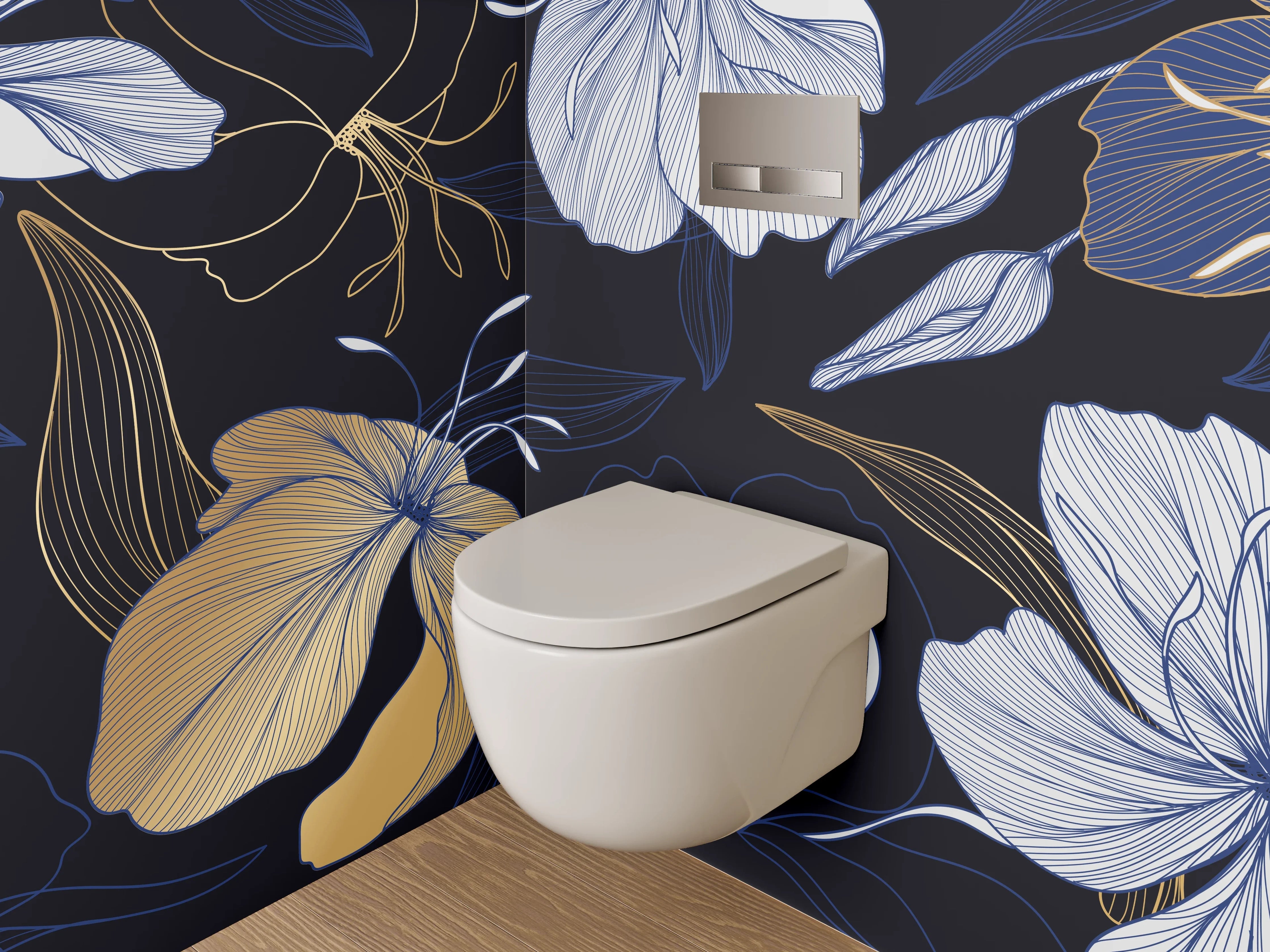 WC-Rückwand - Florale Lineart-Blumen in Gold und Blau