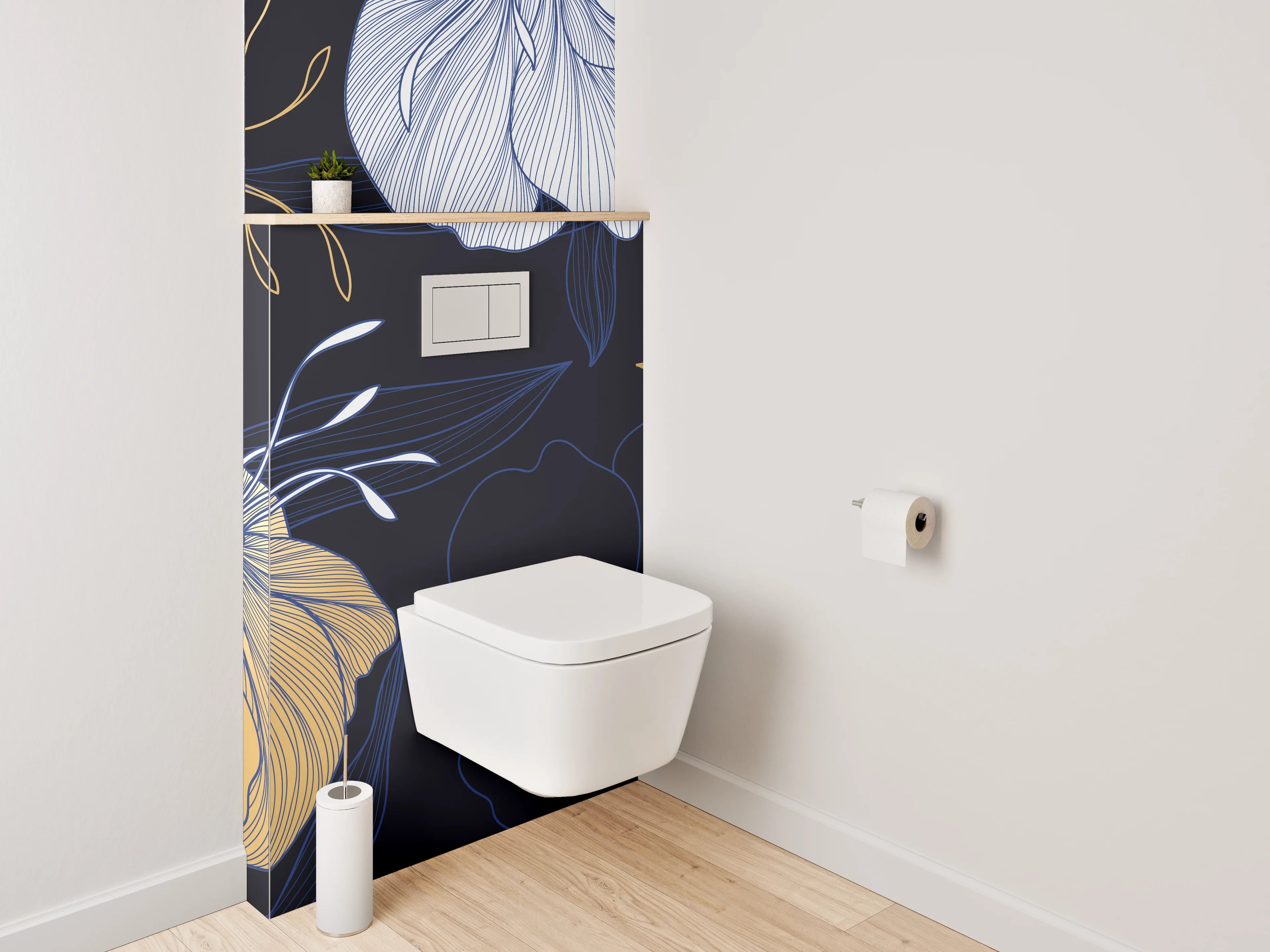 WC-Rückwand - Florale Lineart-Blumen in Gold und Blau