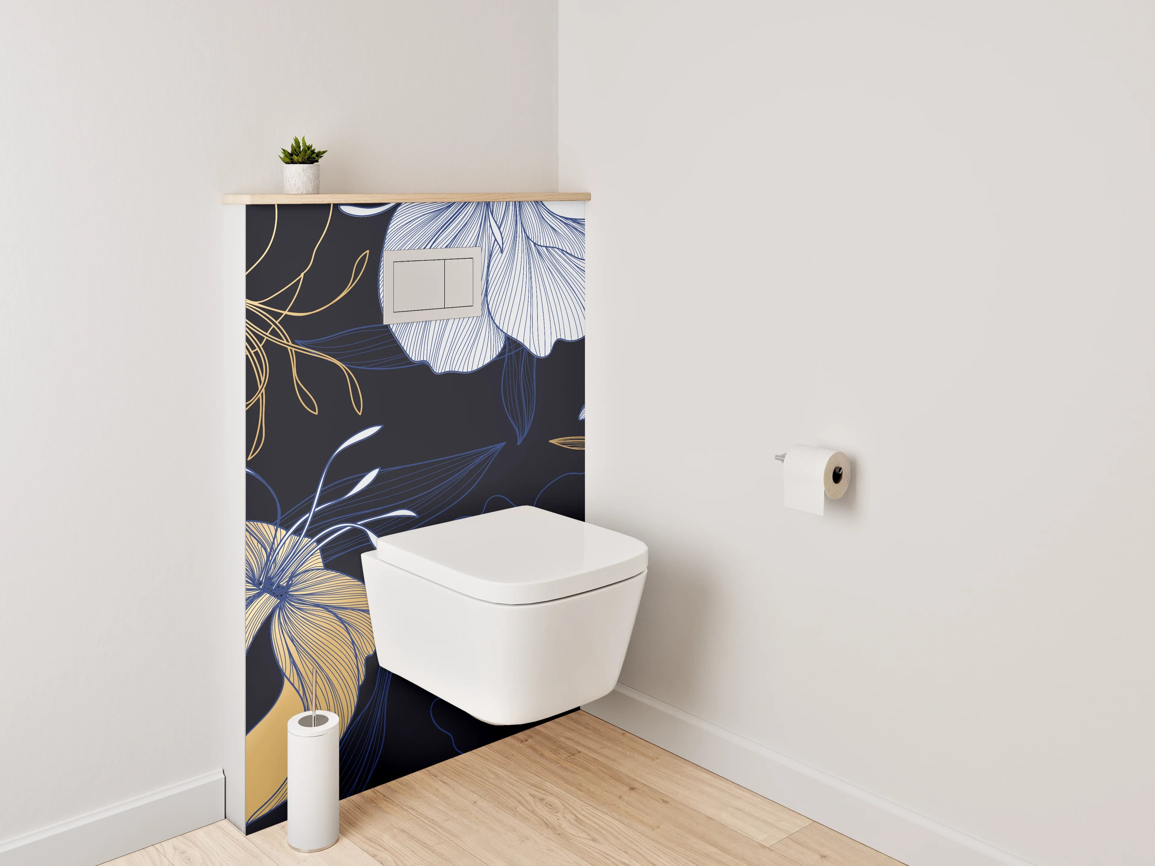 WC-Rückwand - Florale Lineart-Blumen in Gold und Blau