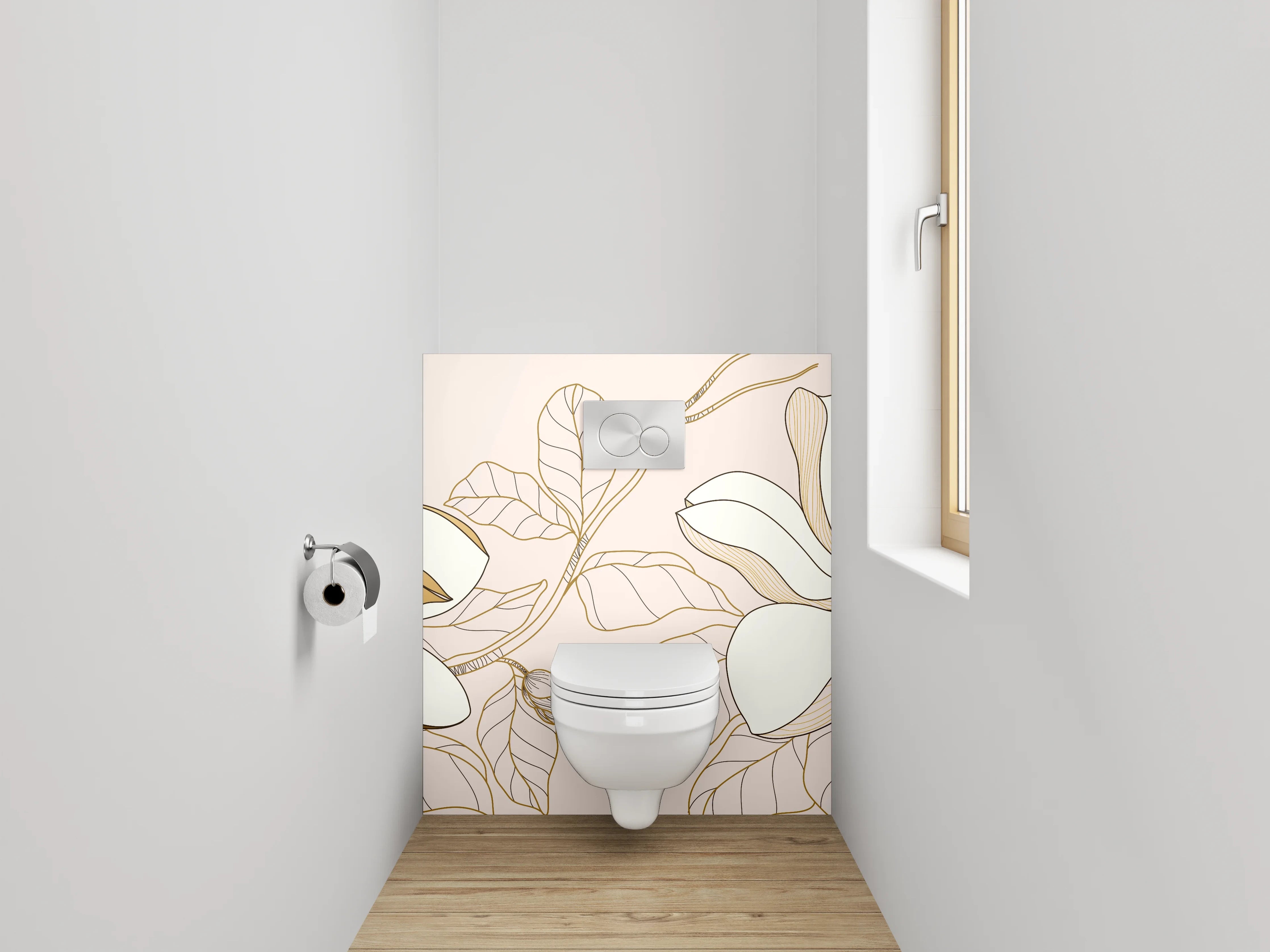 WC-Rückwand - Florale Lineart Magnolien mit Goldakzent