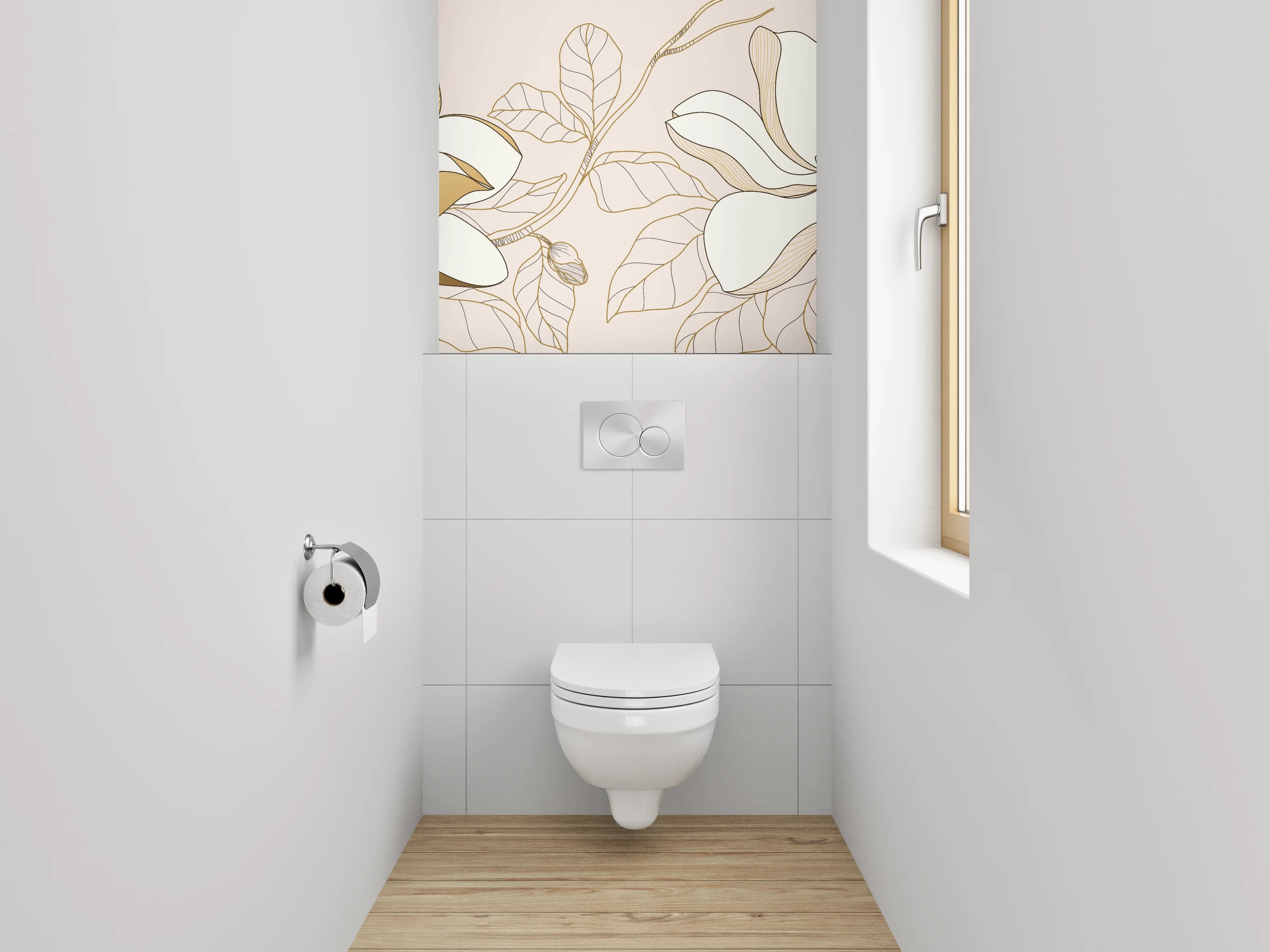 WC-Rückwand - Florale Lineart Magnolien mit Goldakzent