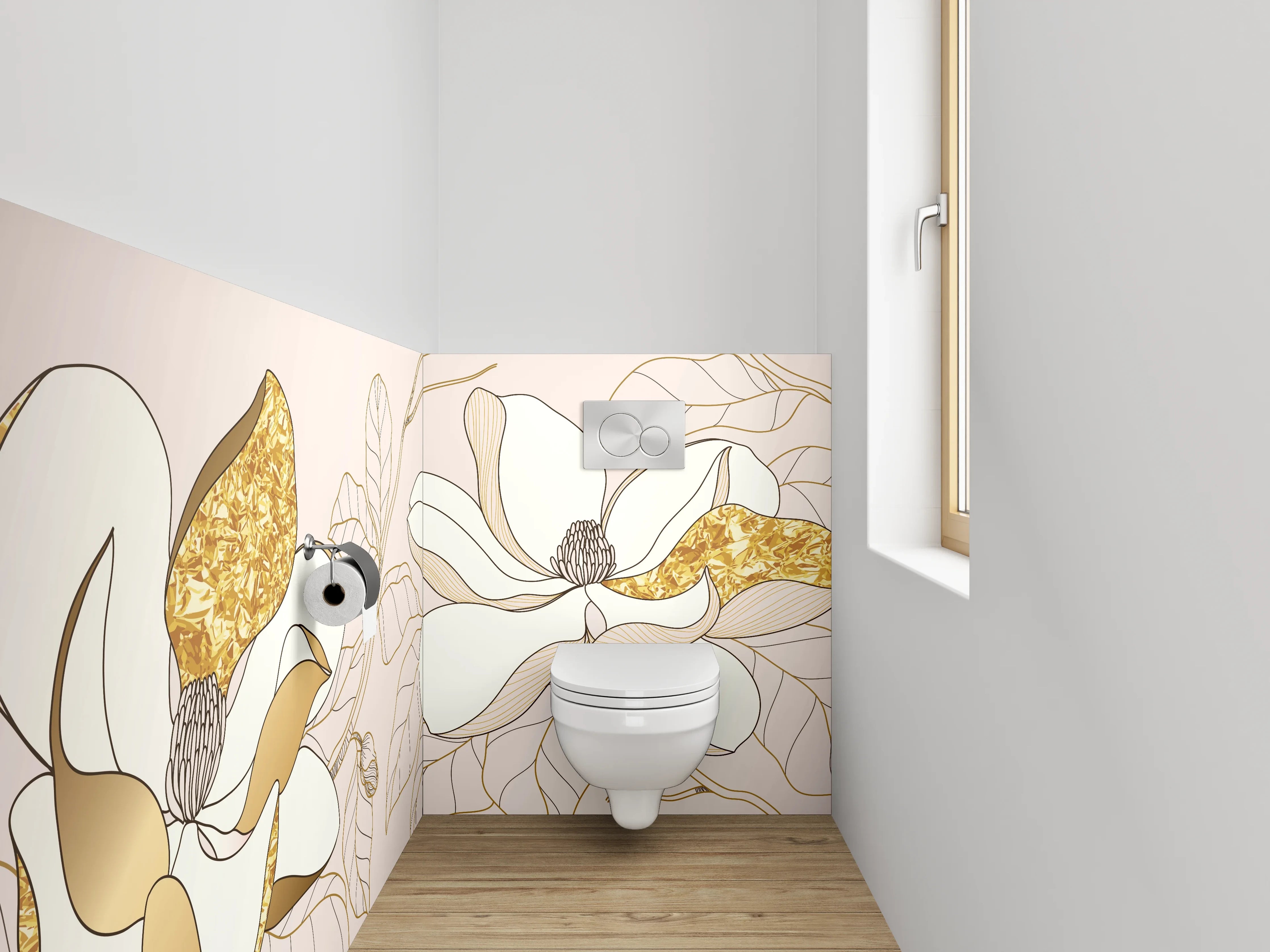 WC-Rückwand - Florale Lineart Magnolien mit Goldakzent