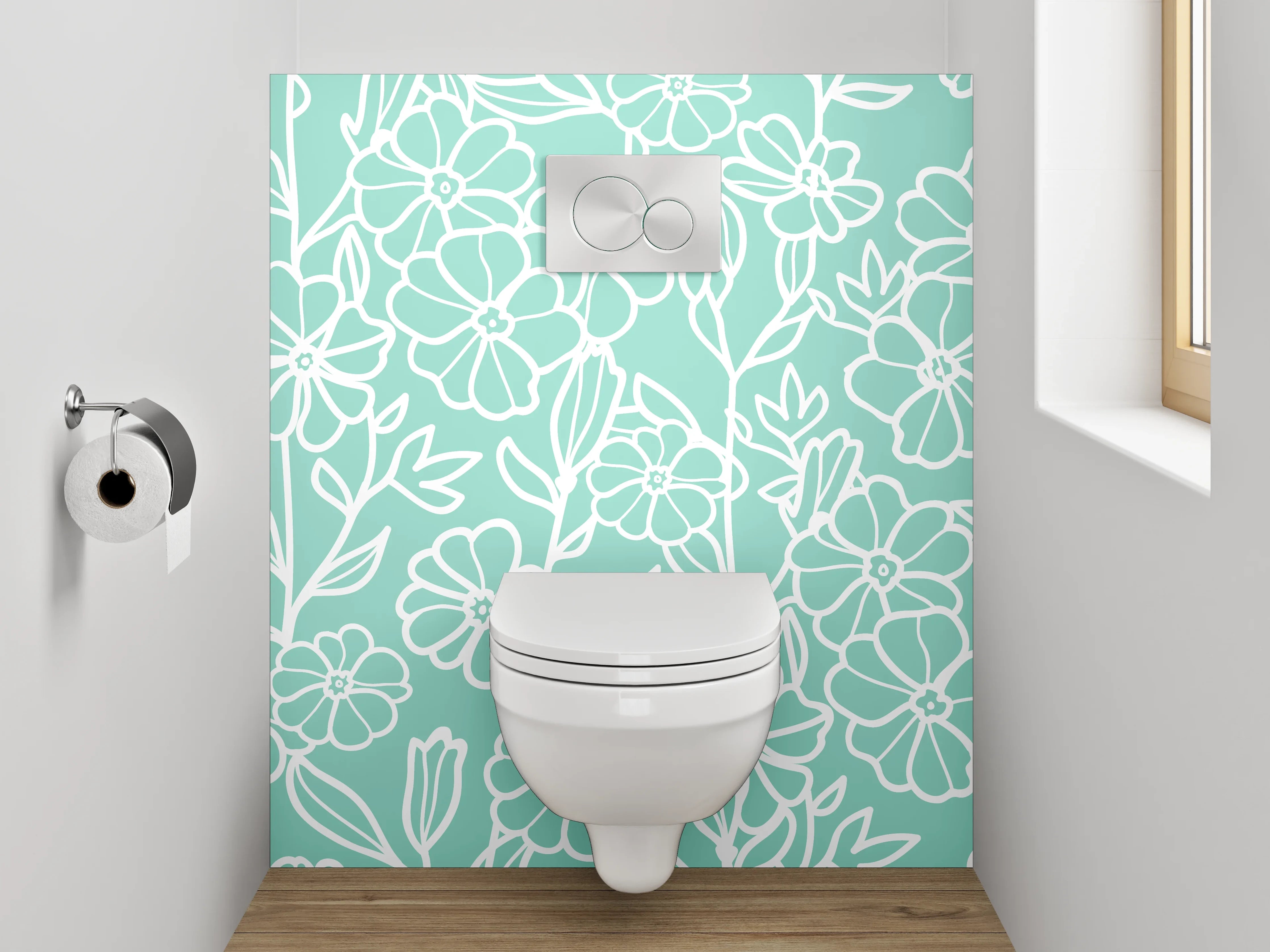 WC-Rückwand - Florale Lineart auf Mintgrün