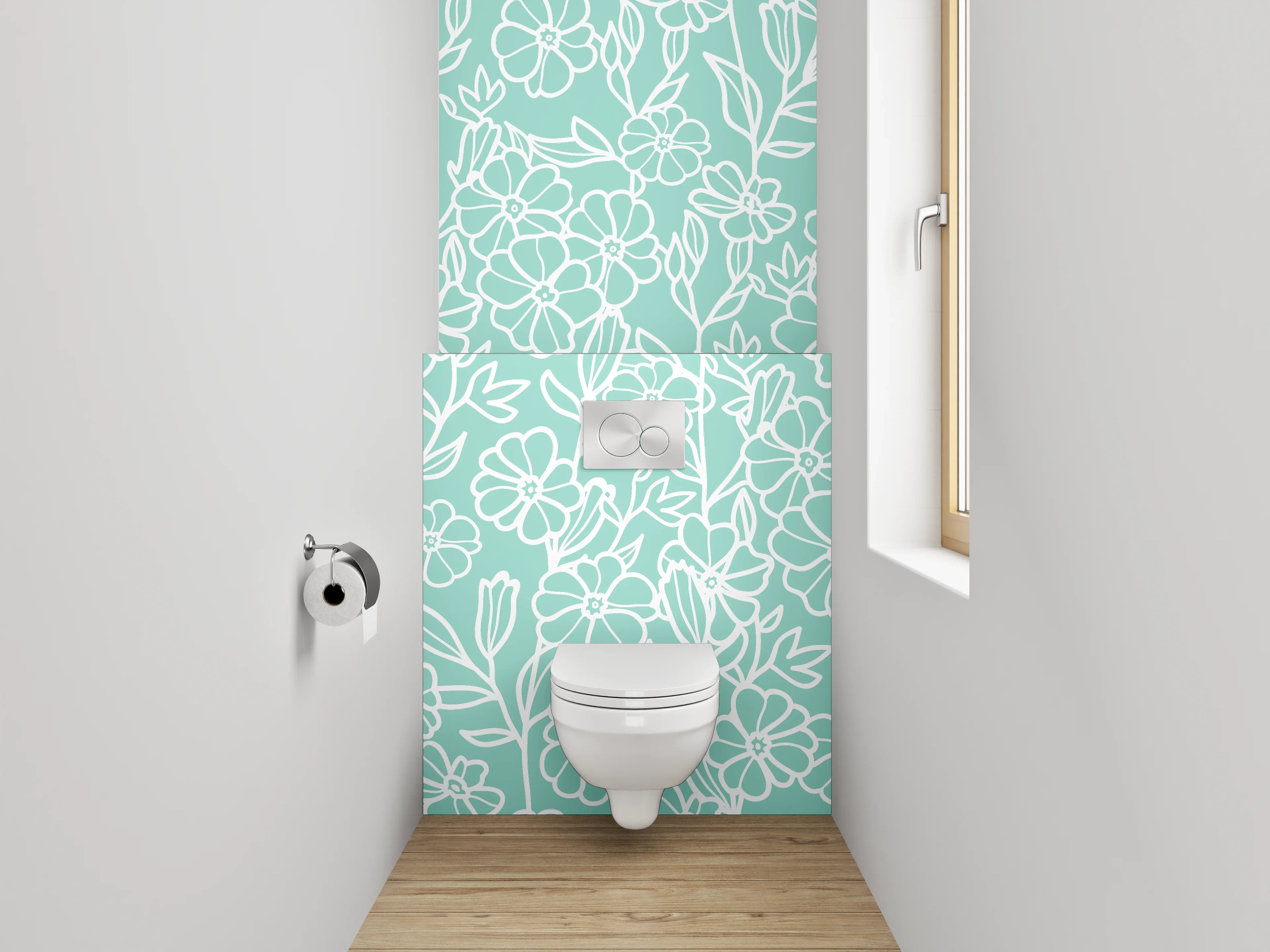 WC-Rückwand - Florale Lineart auf Mintgrün