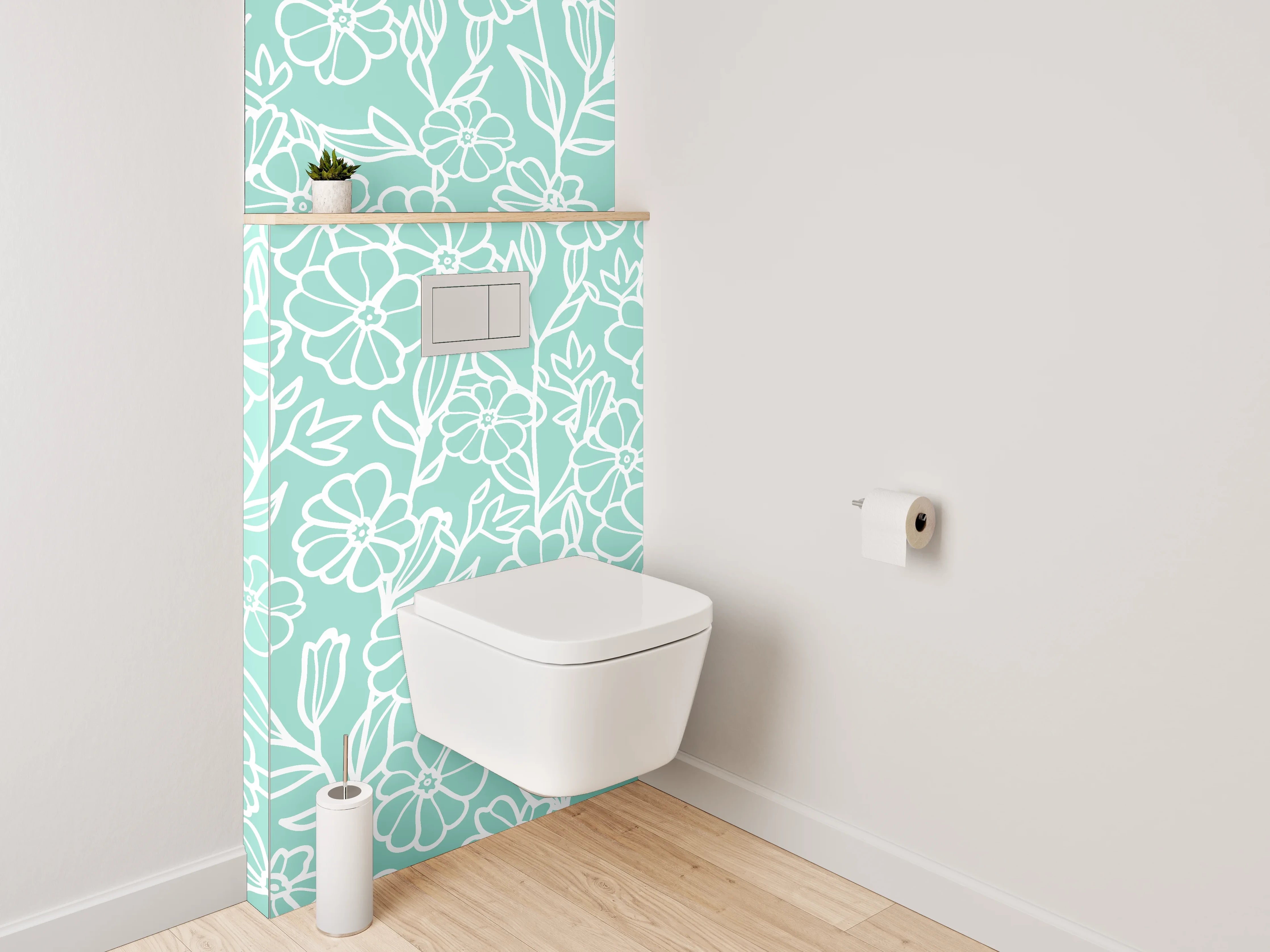 WC-Rückwand - Florale Lineart auf Mintgrün