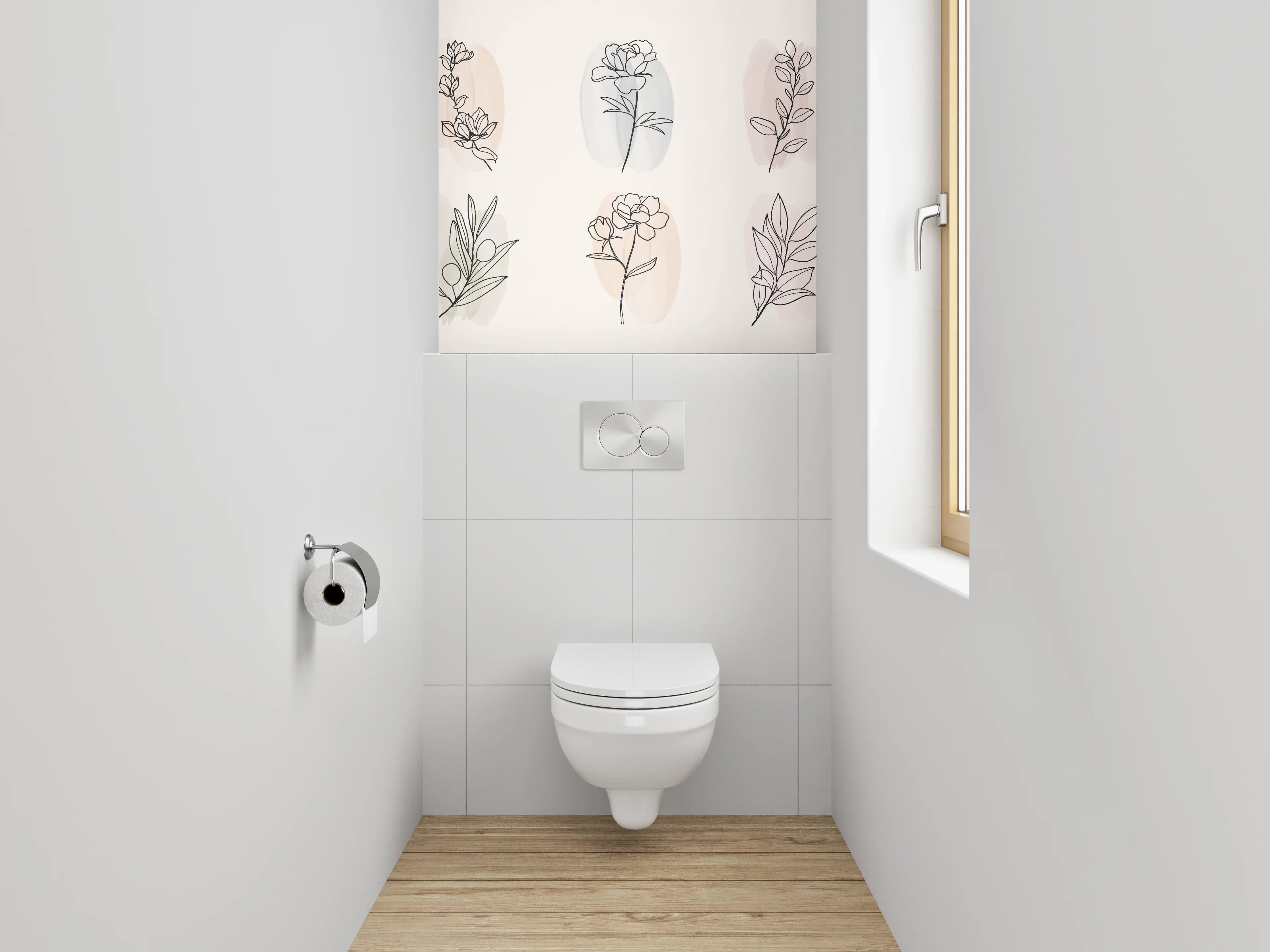WC-Rückwand - Florale Lineart auf Pastell – Minimal Kunst