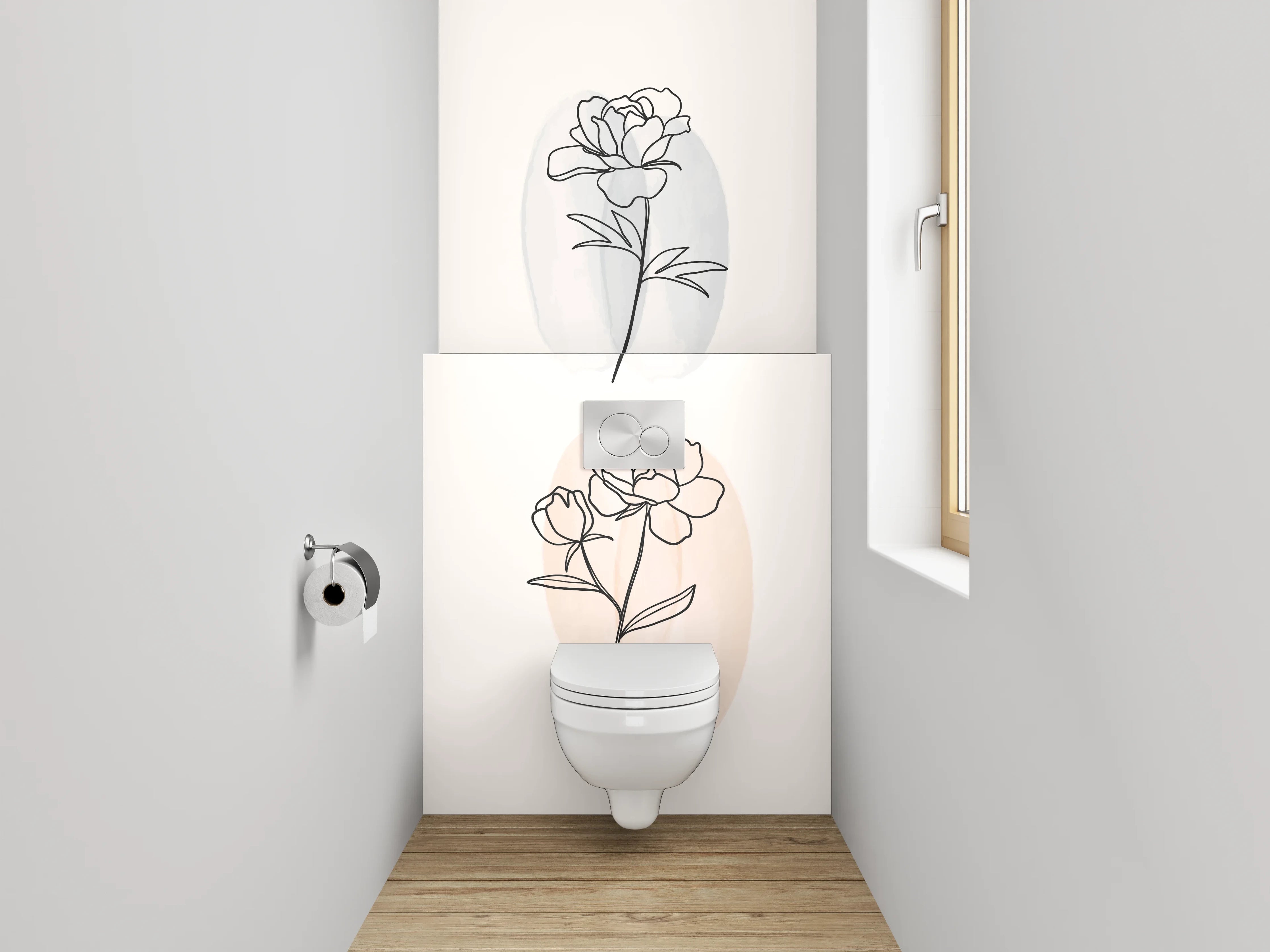 WC-Rückwand - Florale Lineart auf Pastell – Minimal Kunst