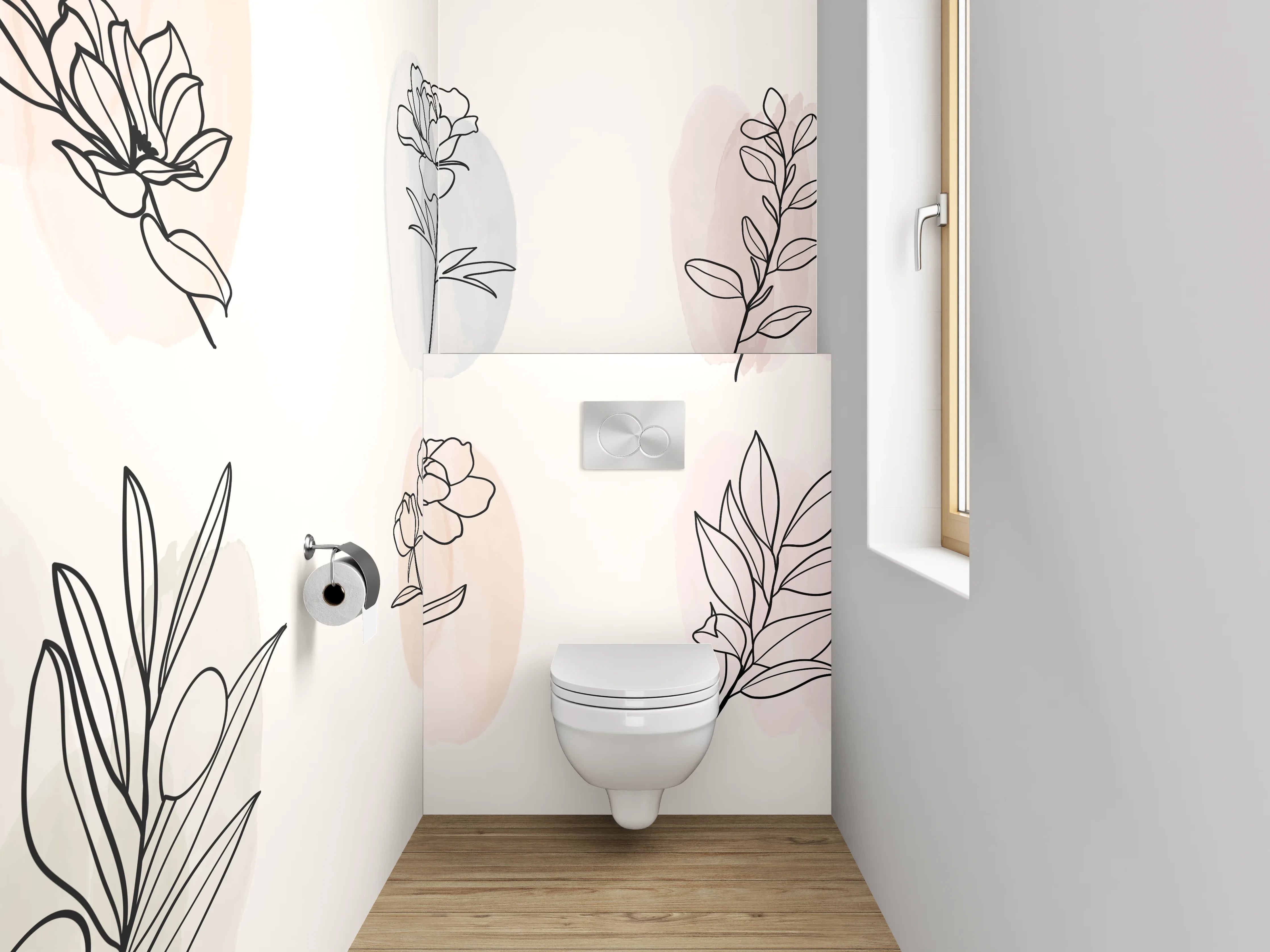 WC-Rückwand - Florale Lineart auf Pastell – Minimal Kunst