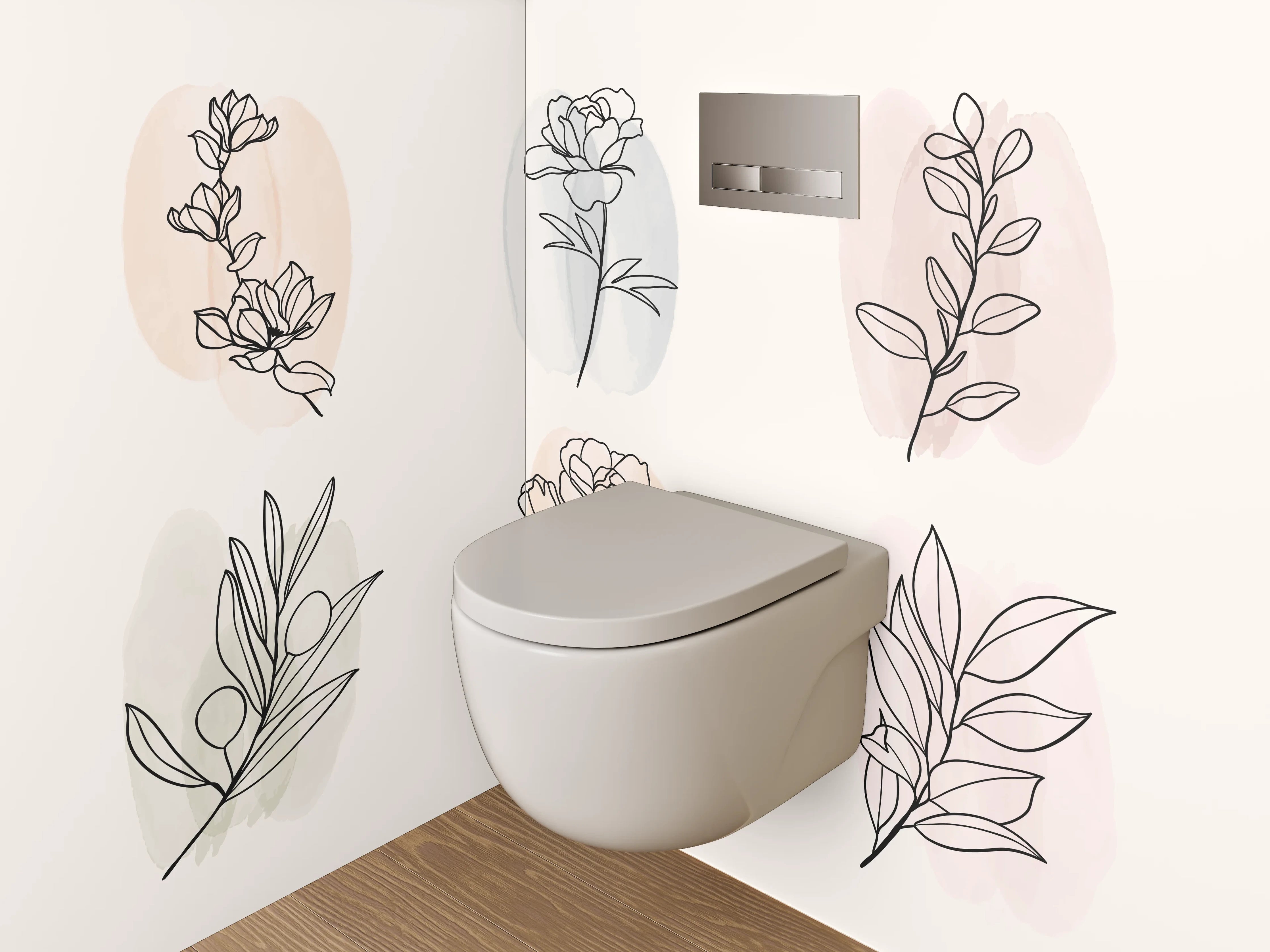 WC-Rückwand - Florale Lineart auf Pastell – Minimal Kunst