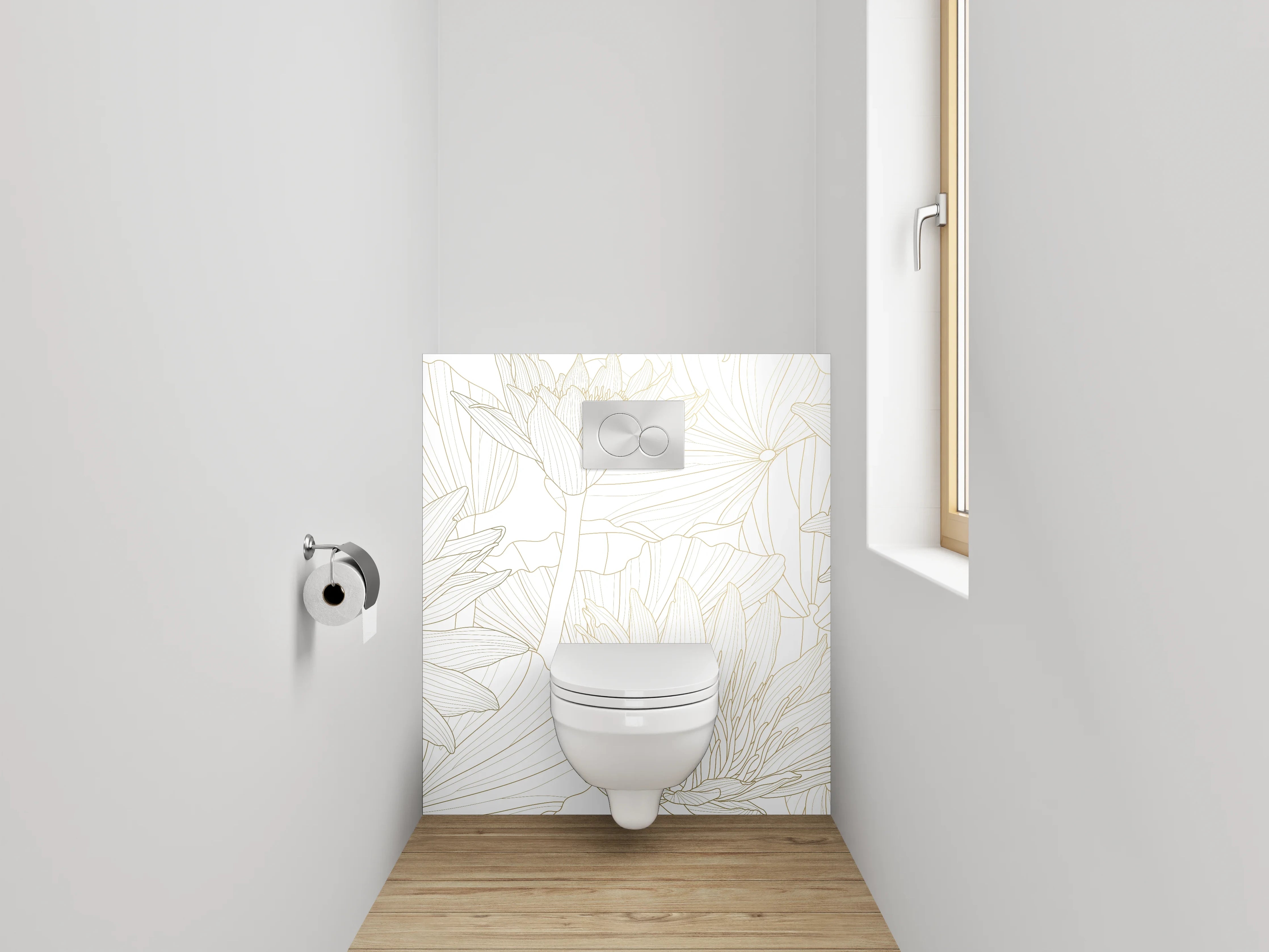 WC-Rückwand - Florale Lineart in Weiß und Beige