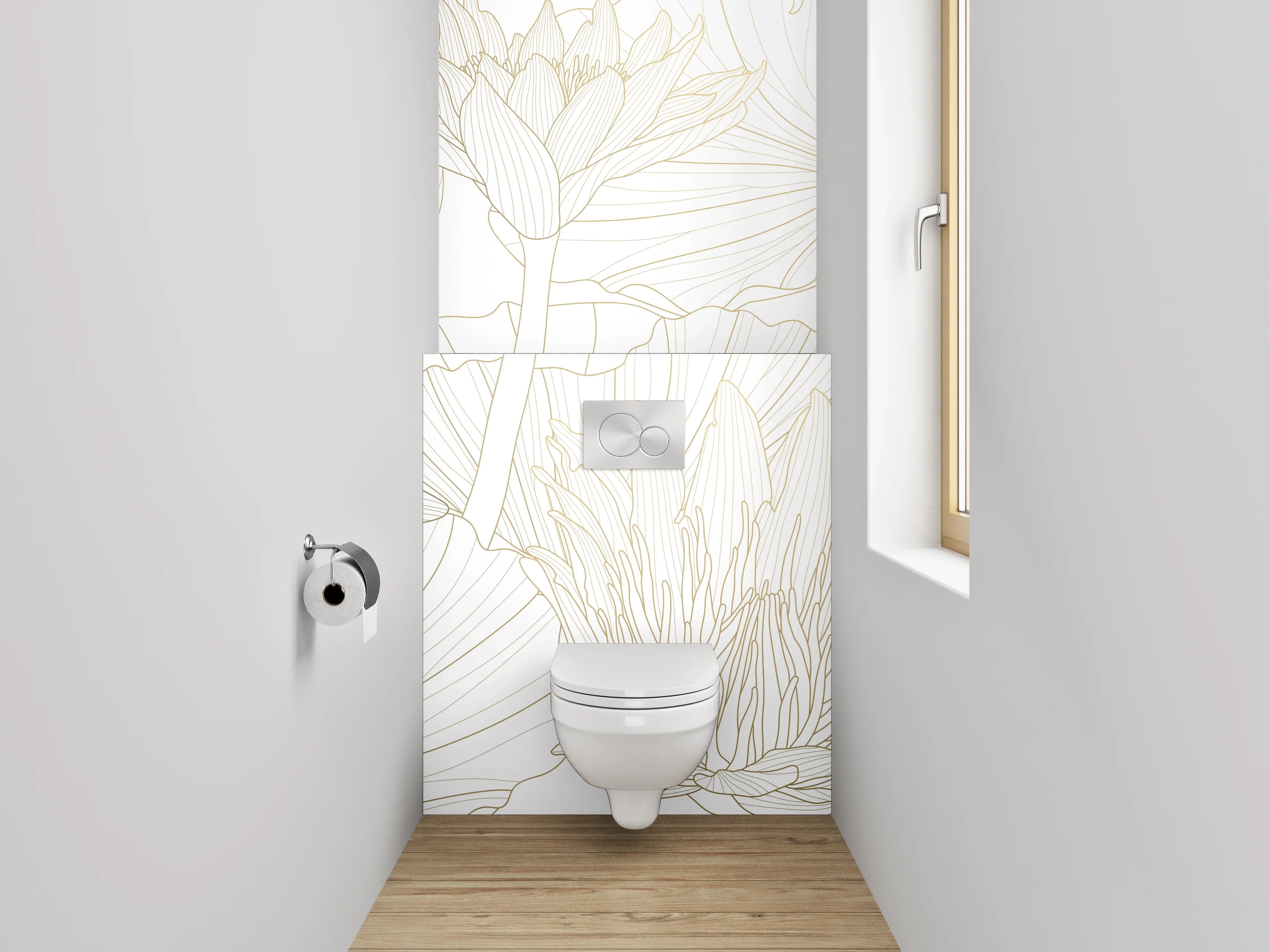 WC-Rückwand - Florale Lineart in Weiß und Beige