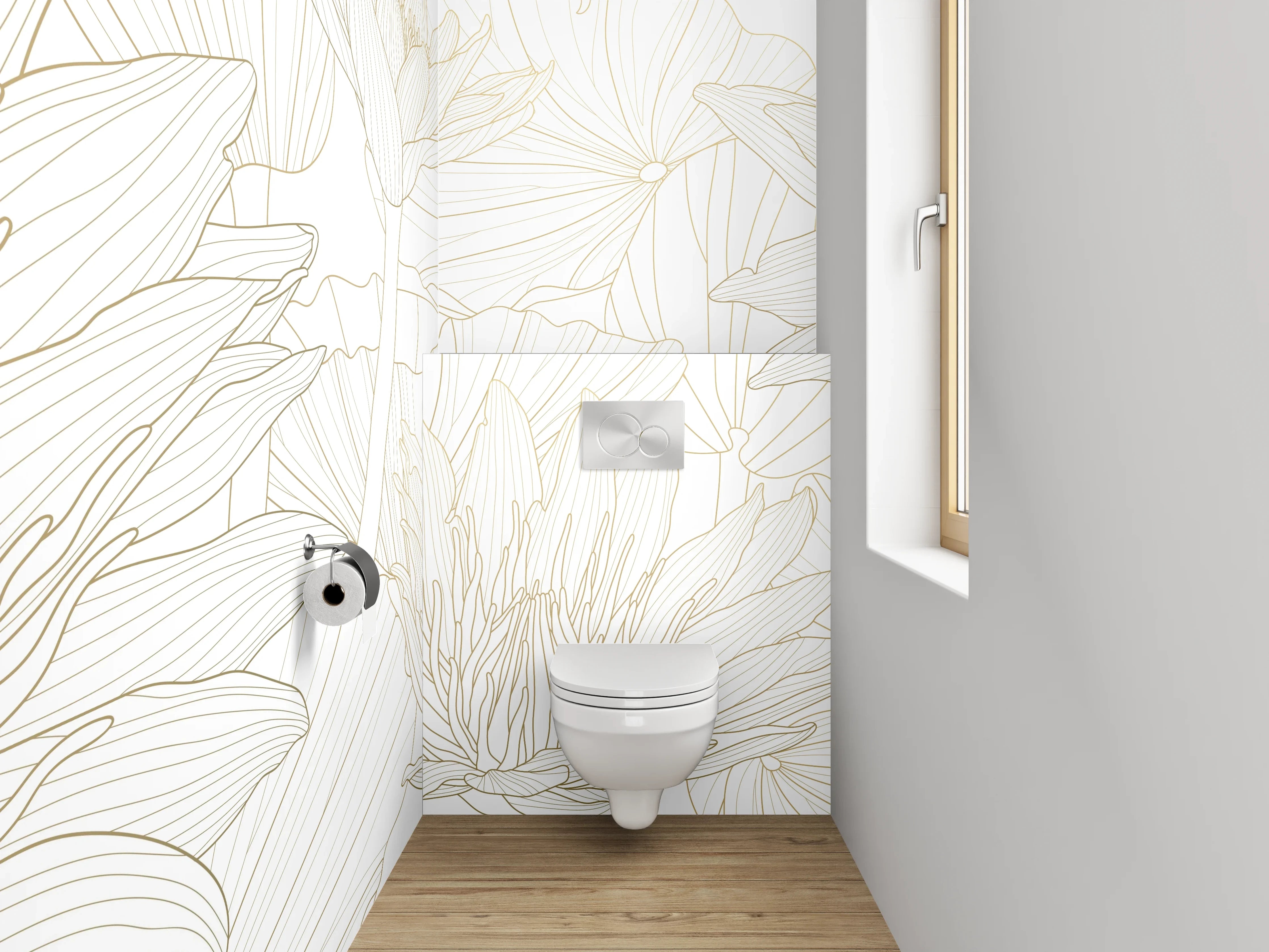 WC-Rückwand - Florale Lineart in Weiß und Beige