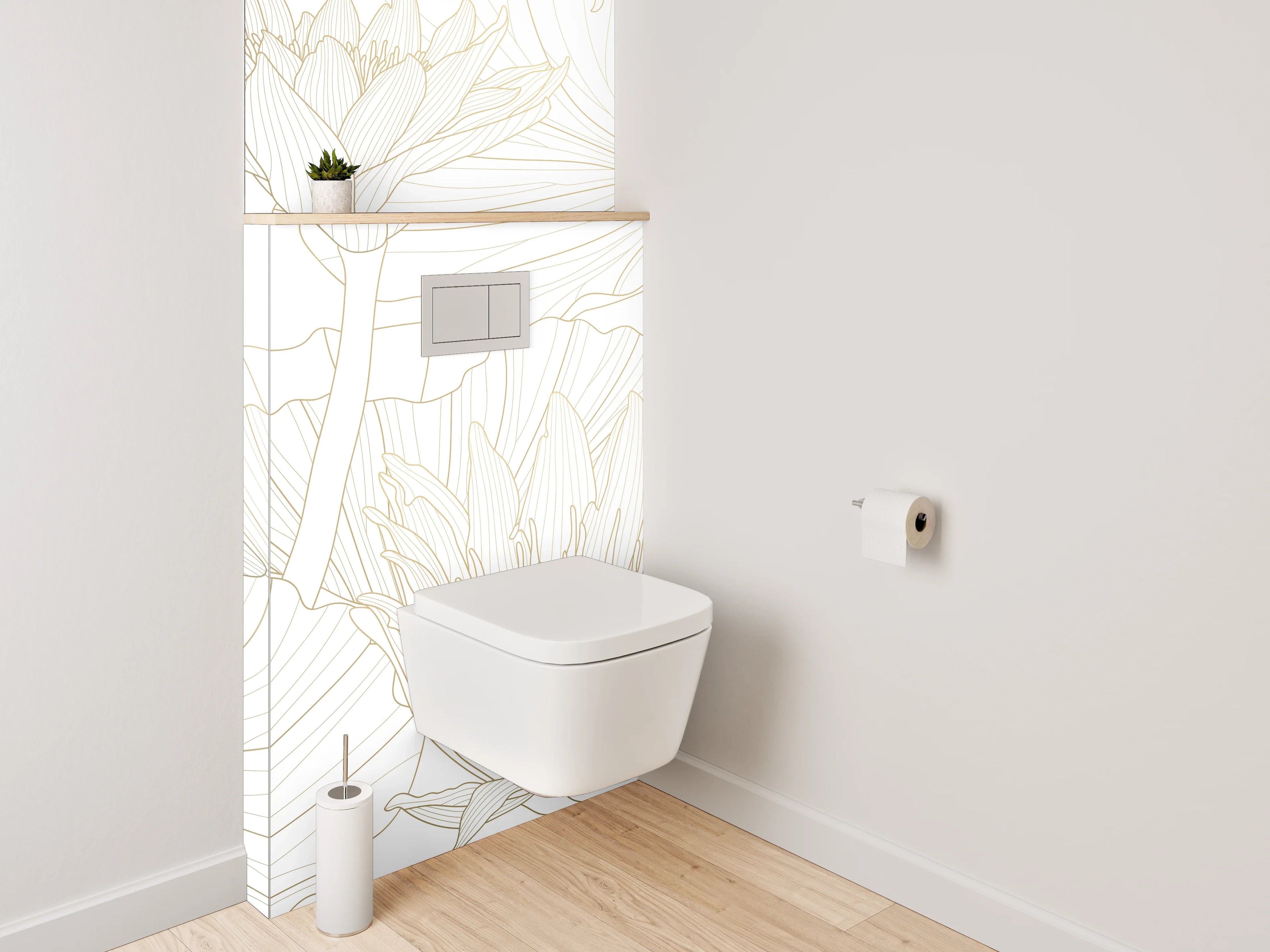 WC-Rückwand - Florale Lineart in Weiß und Beige