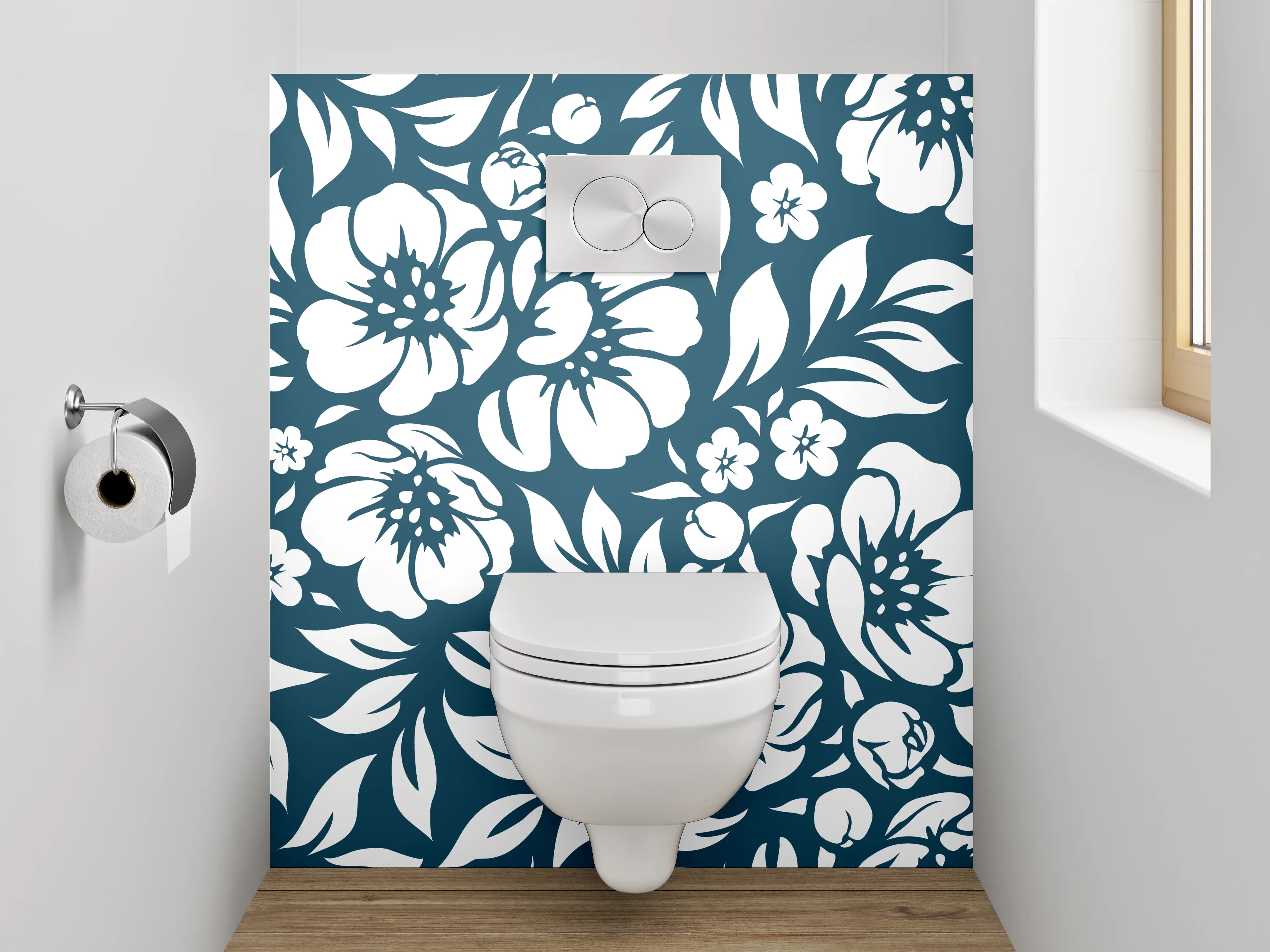 WC-Rückwand - Florale Muster in Blau-Weiß