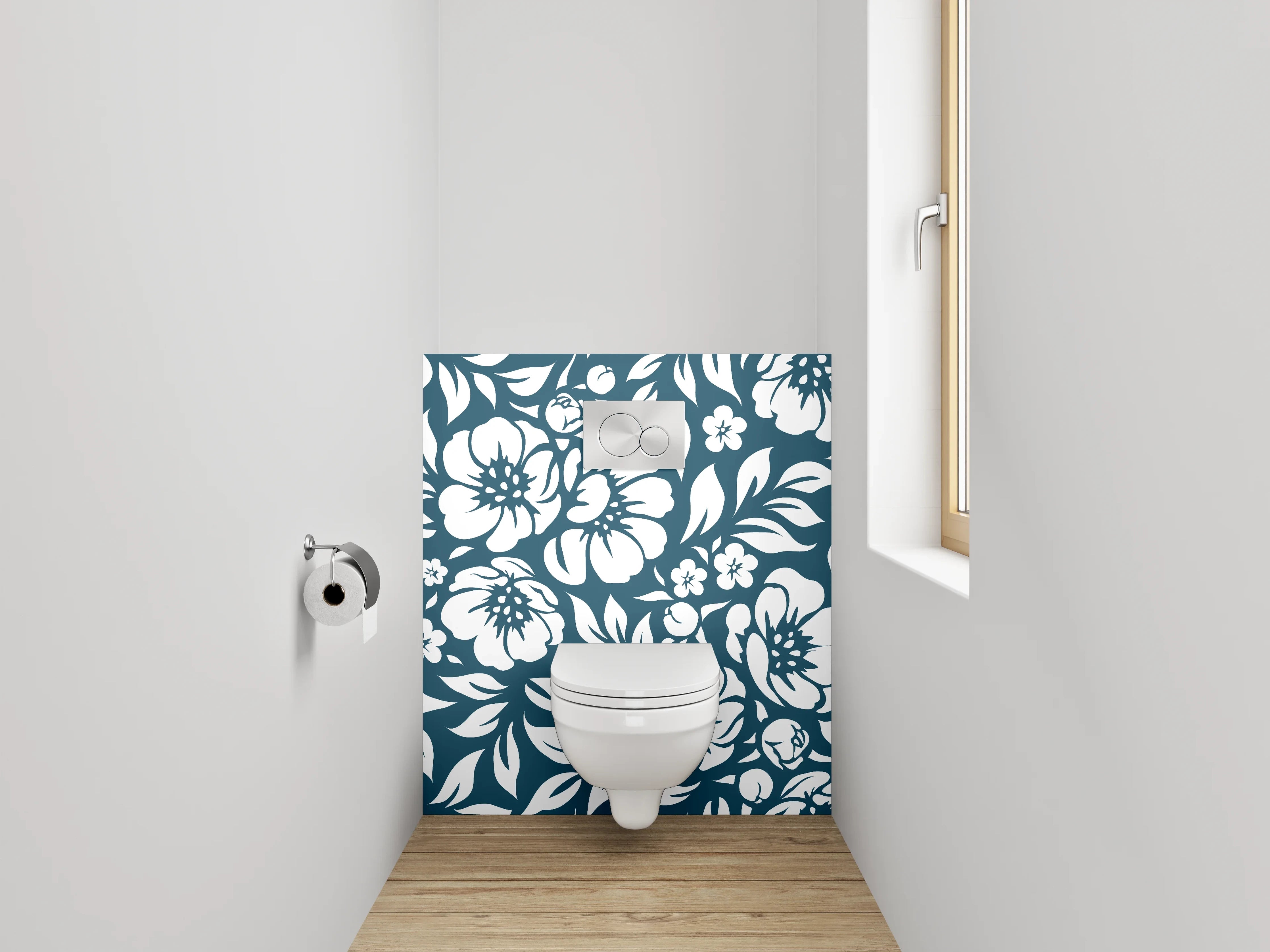 WC-Rückwand - Florale Muster in Blau-Weiß