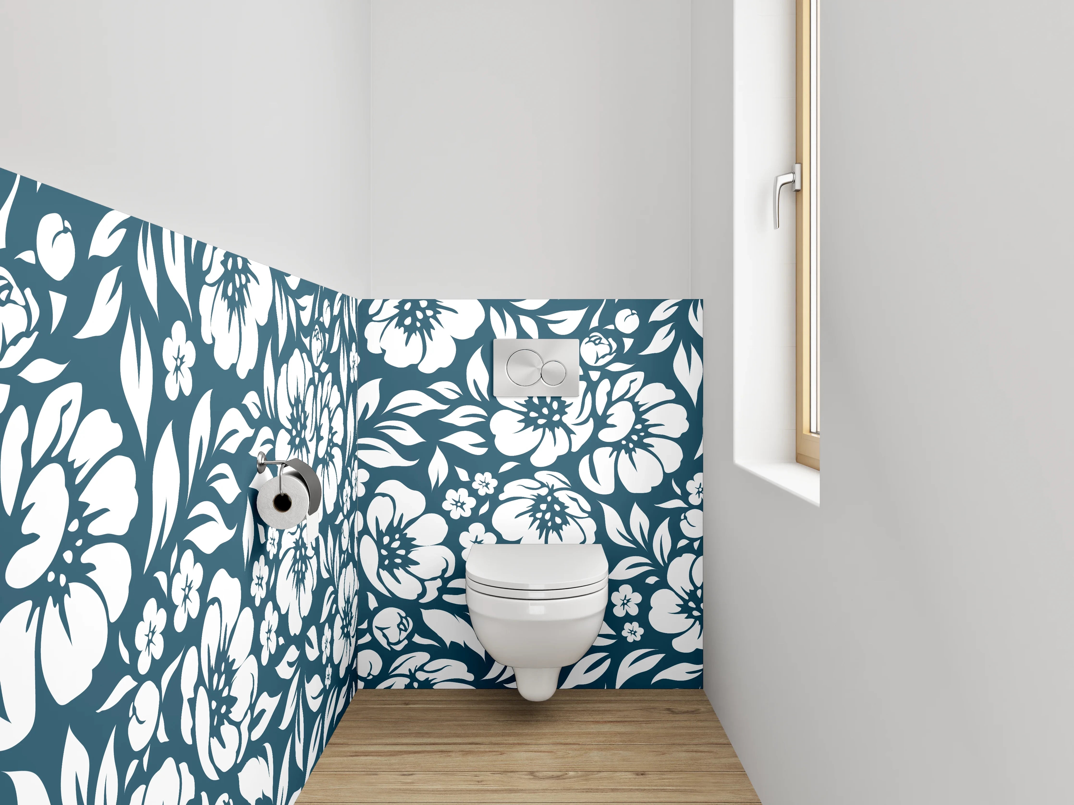 WC-Rückwand - Florale Muster in Blau-Weiß