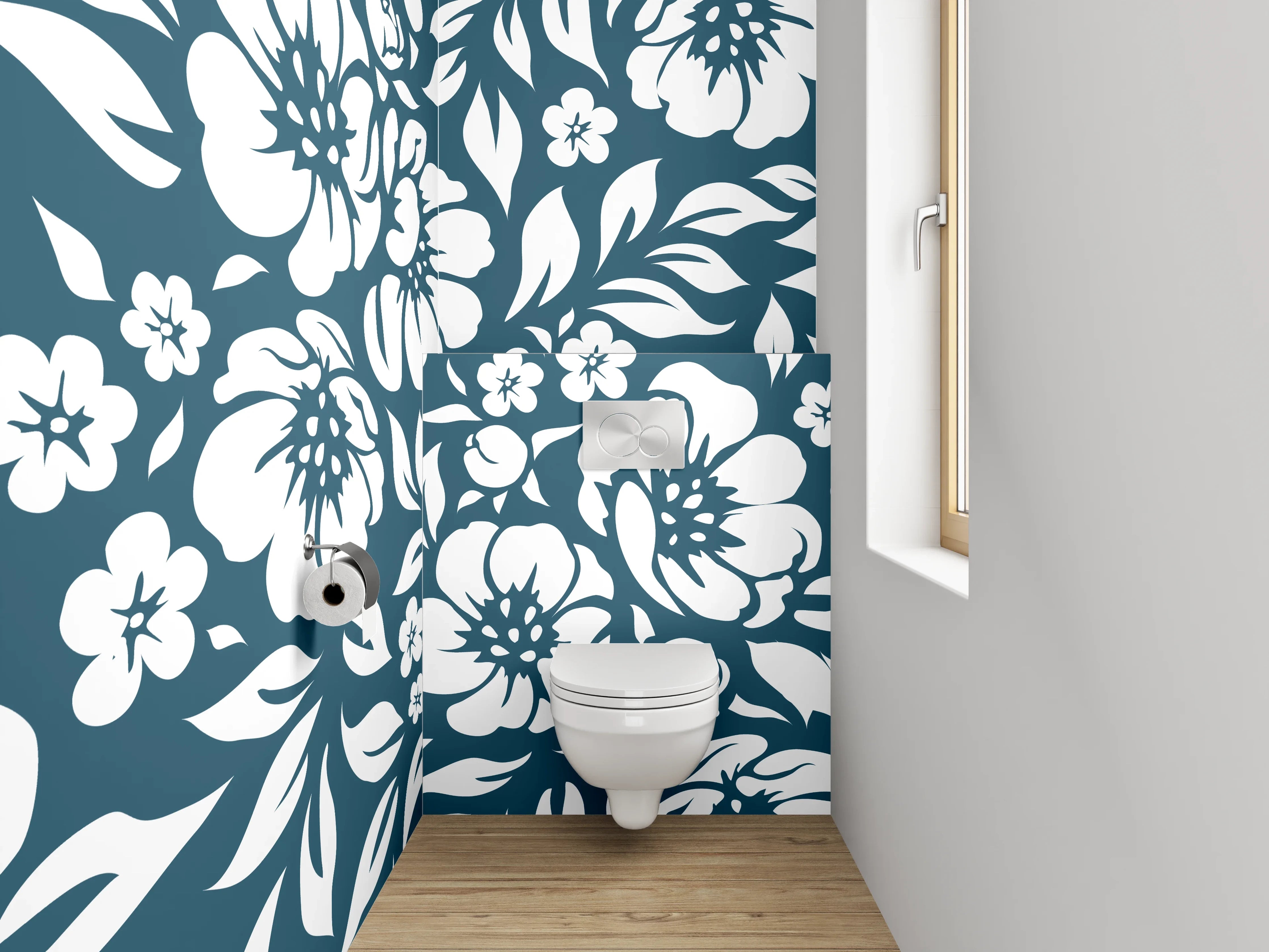 WC-Rückwand - Florale Muster in Blau-Weiß