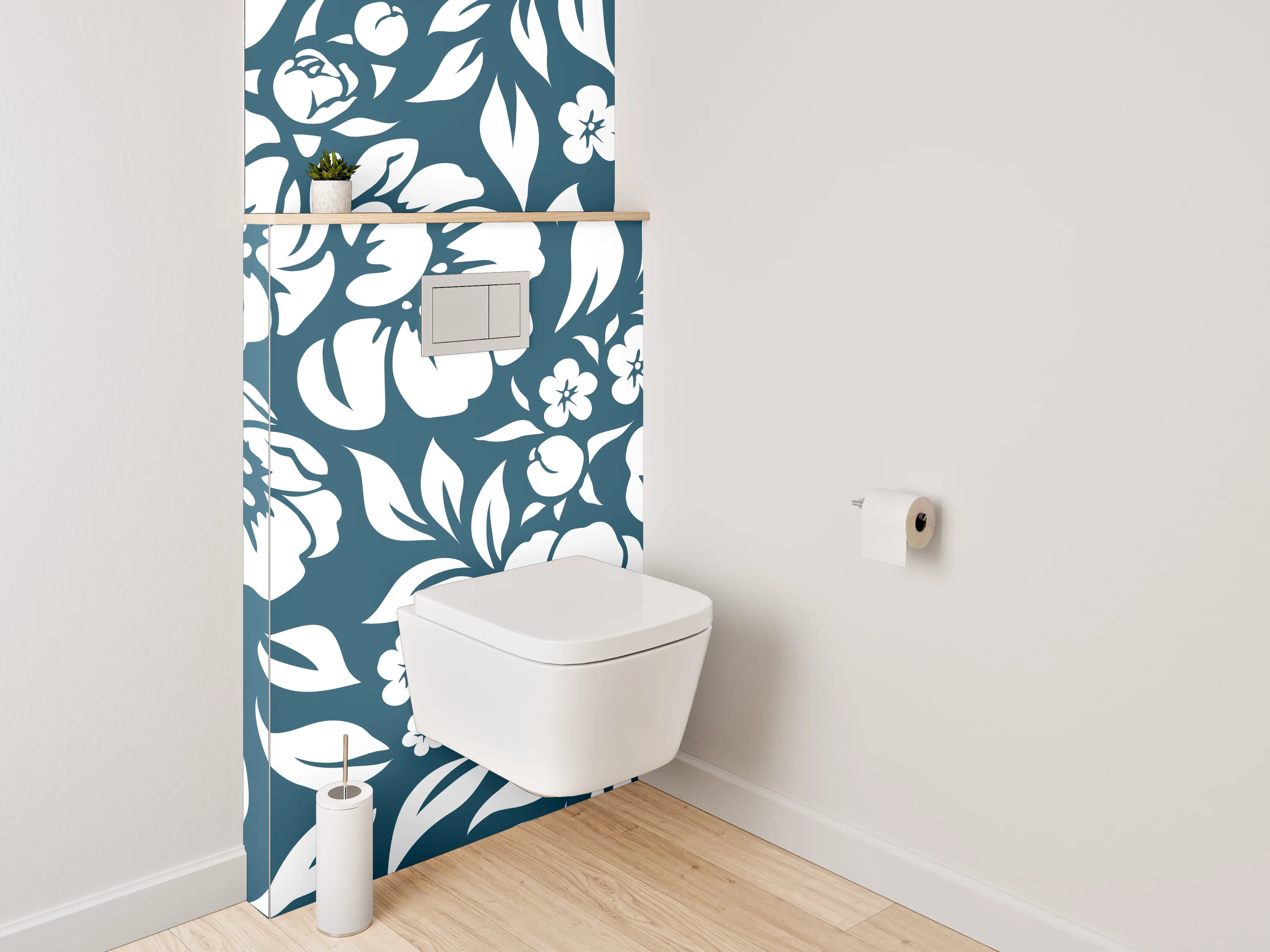 WC-Rückwand - Florale Muster in Blau-Weiß