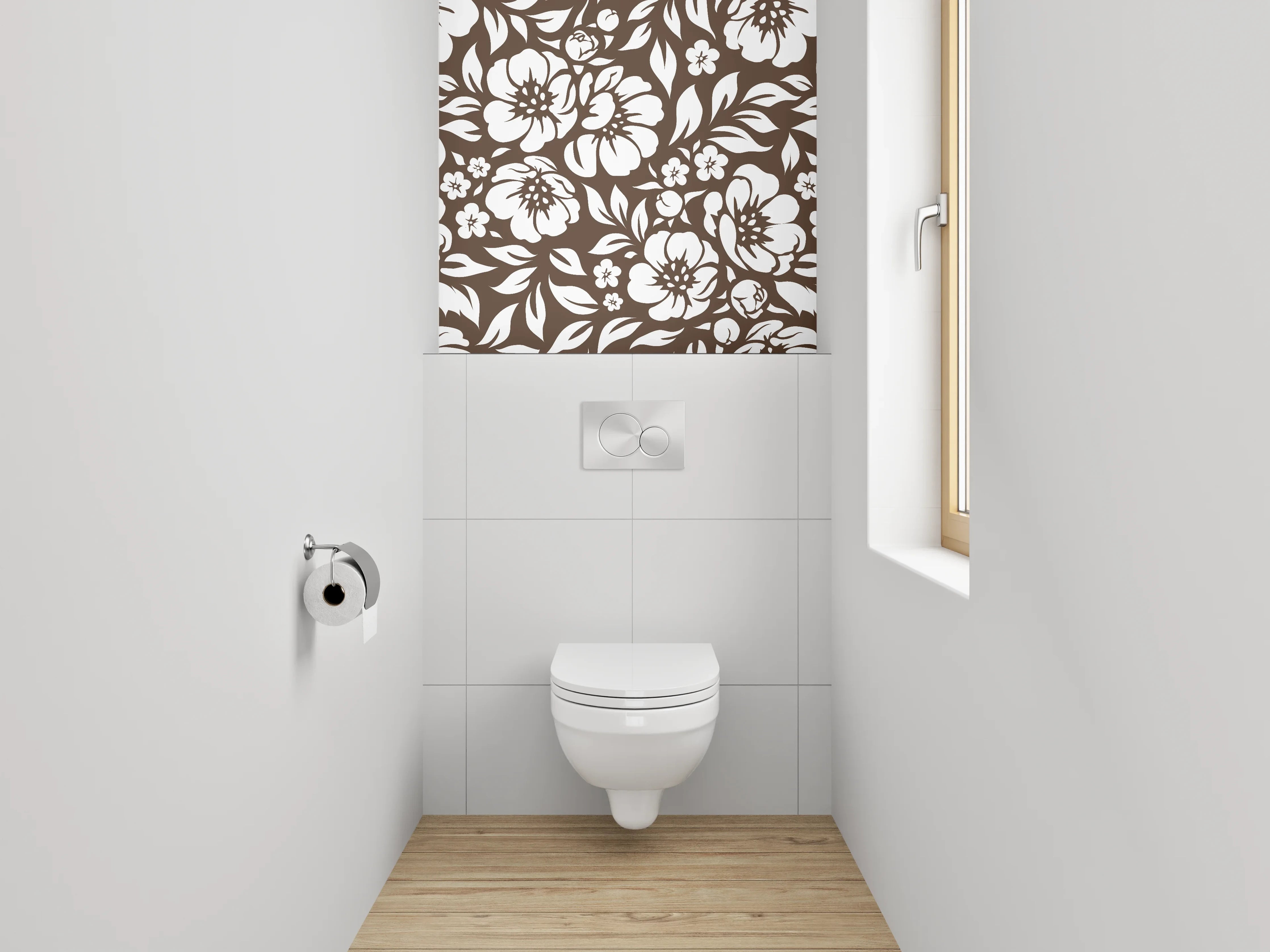 WC-Rückwand - Florale Muster in Braun-Weiß