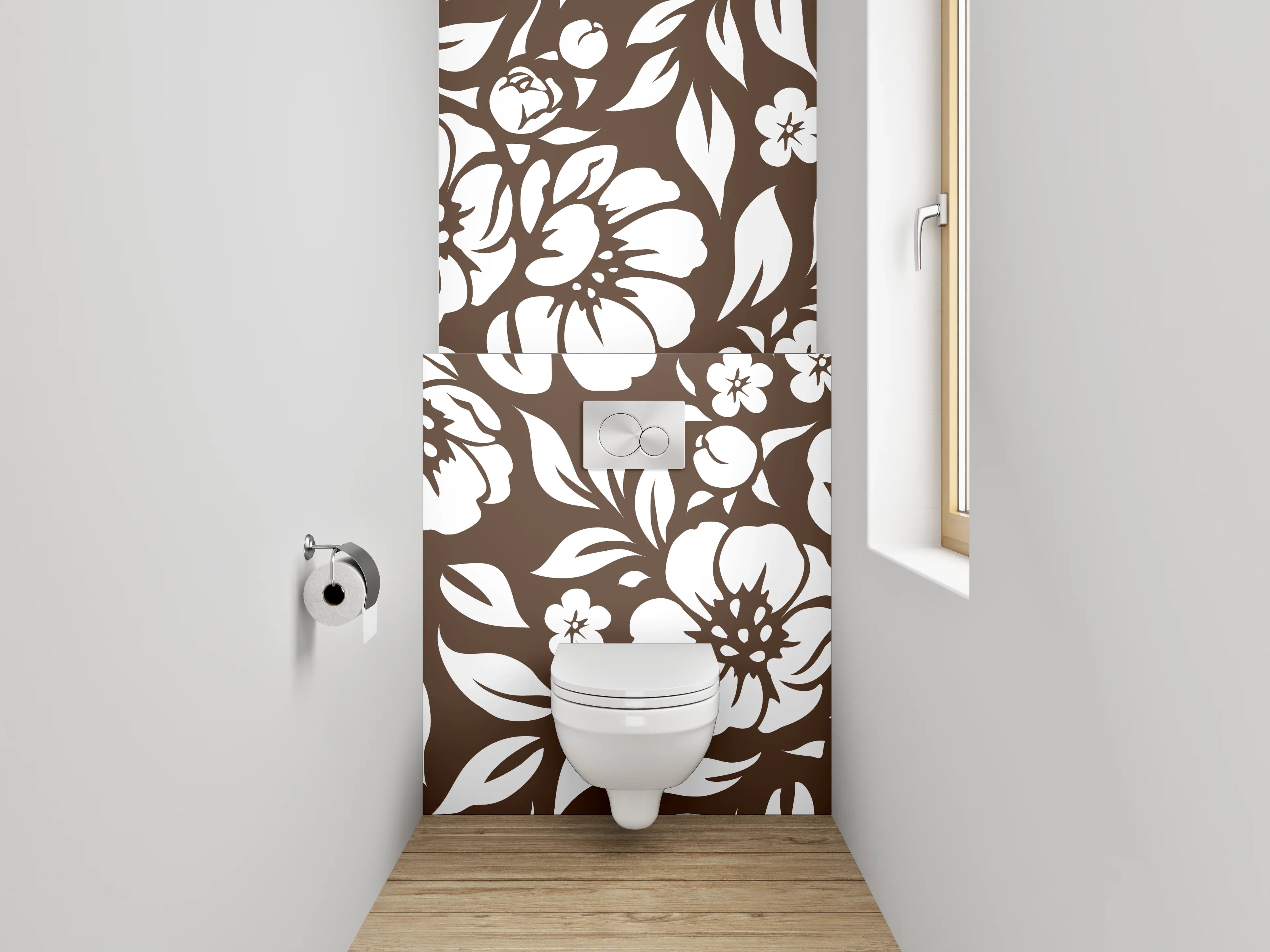 WC-Rückwand - Florale Muster in Braun-Weiß