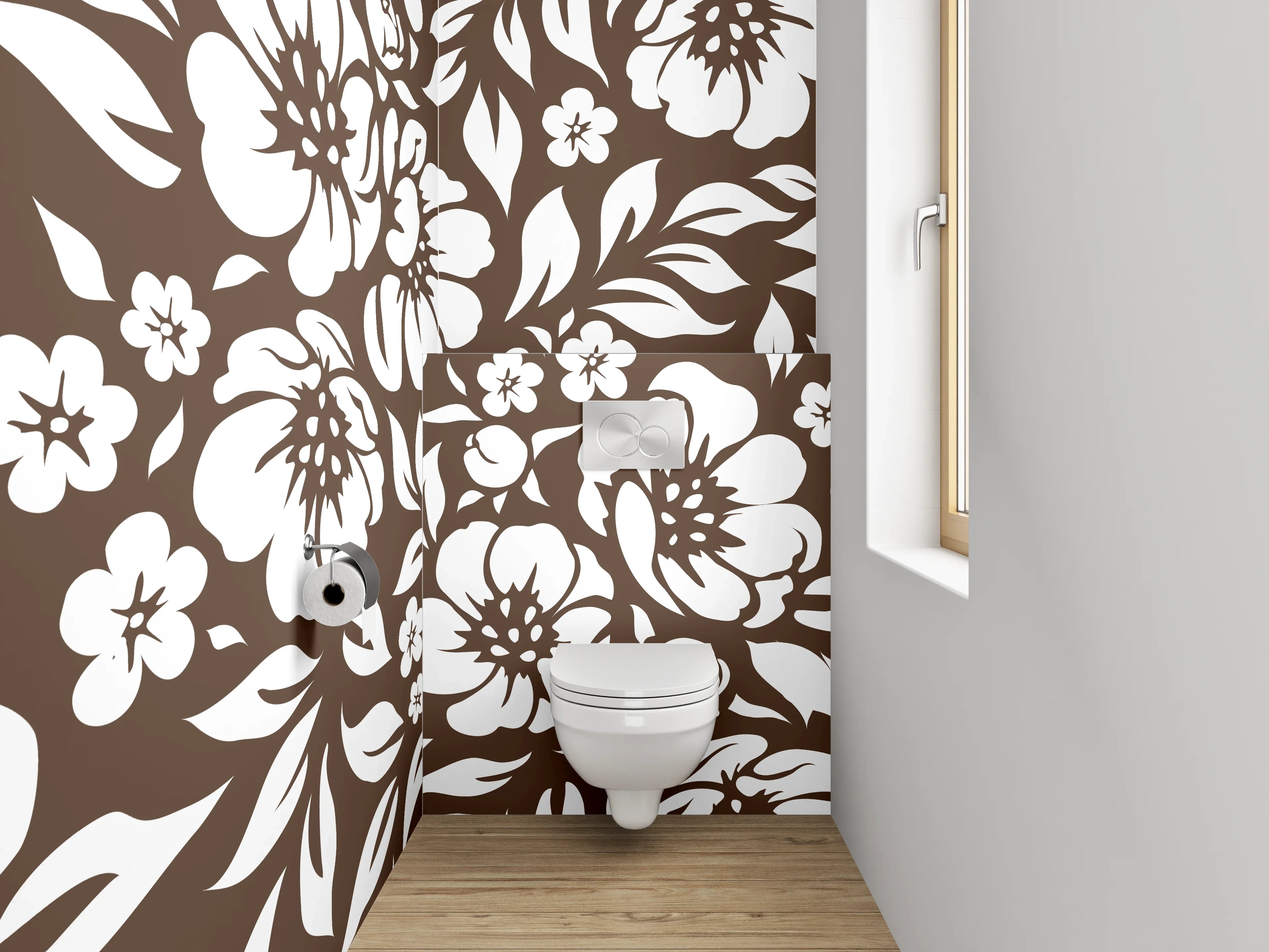 WC-Rückwand - Florale Muster in Braun-Weiß