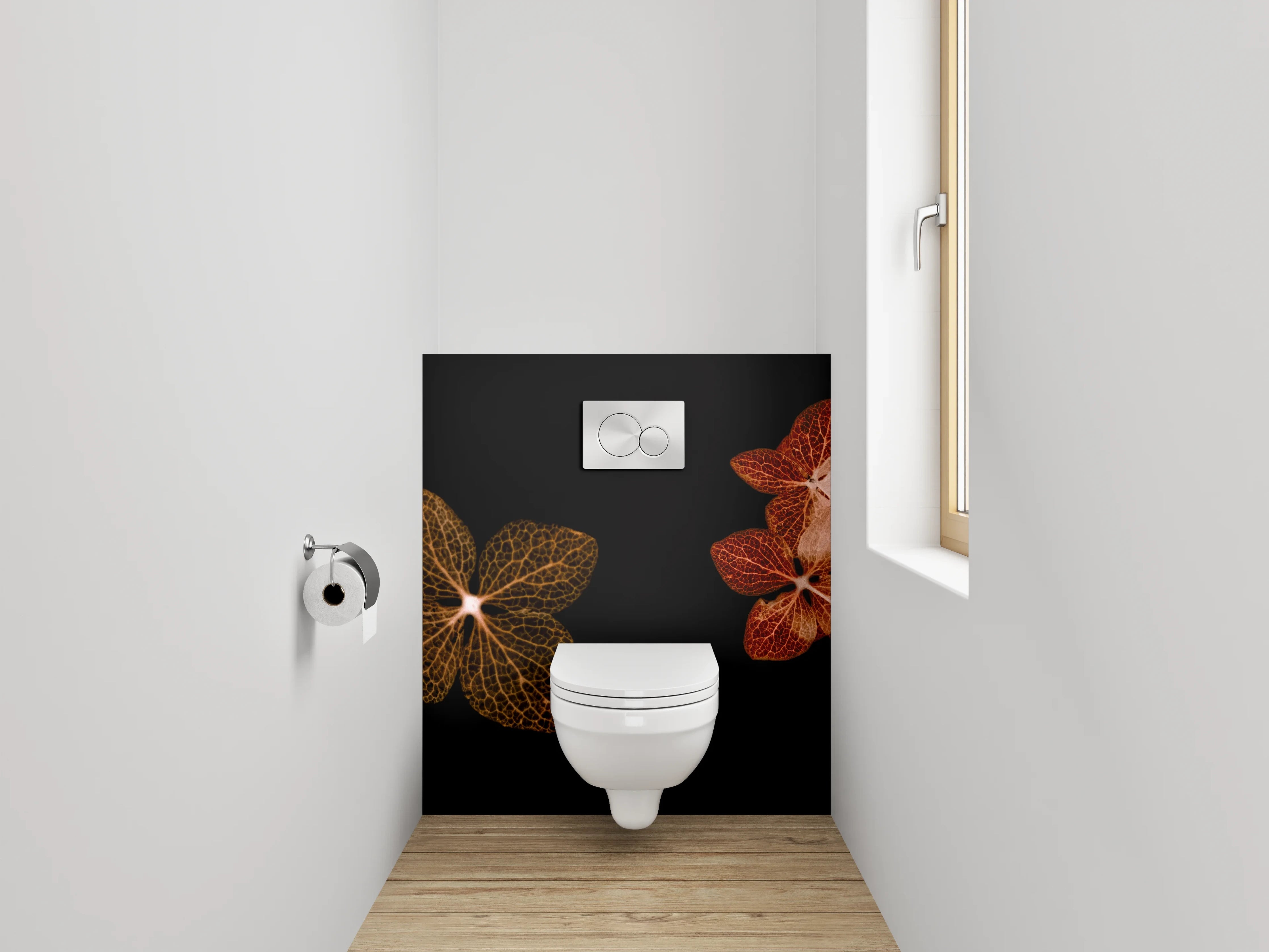 WC-Rückwand - Florale Skelettblätter auf Schwarz