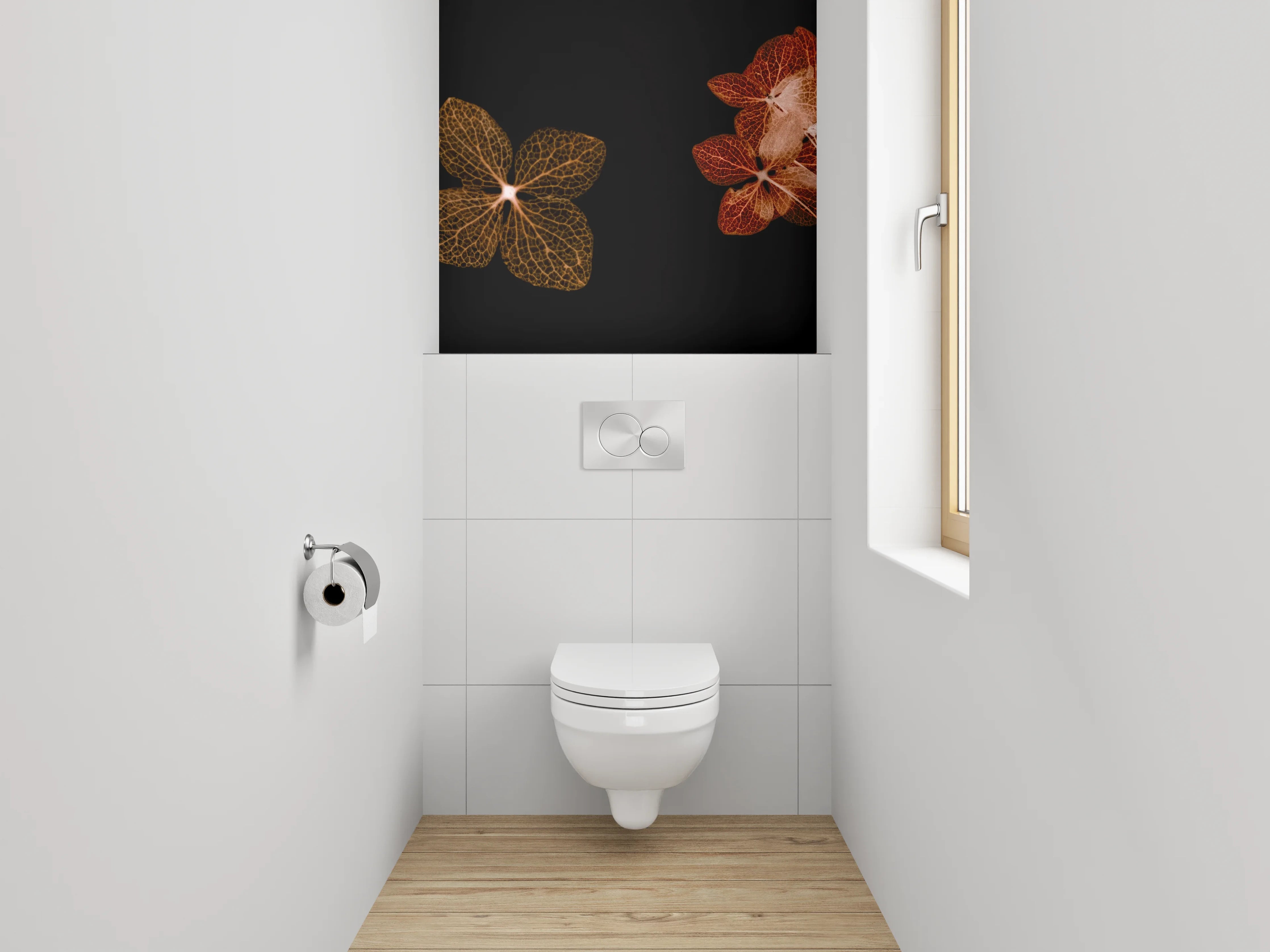 WC-Rückwand - Florale Skelettblätter auf Schwarz
