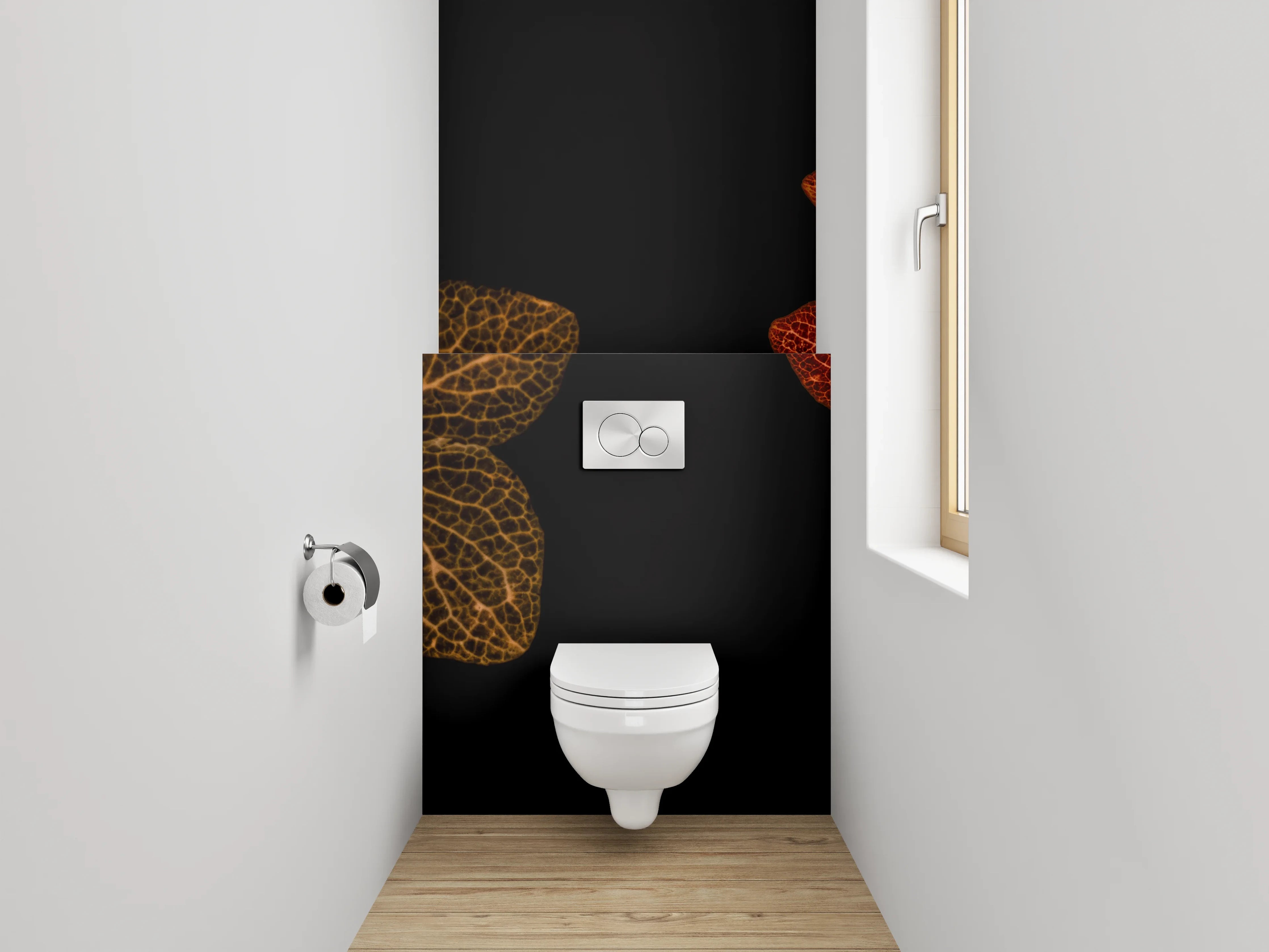 WC-Rückwand - Florale Skelettblätter auf Schwarz