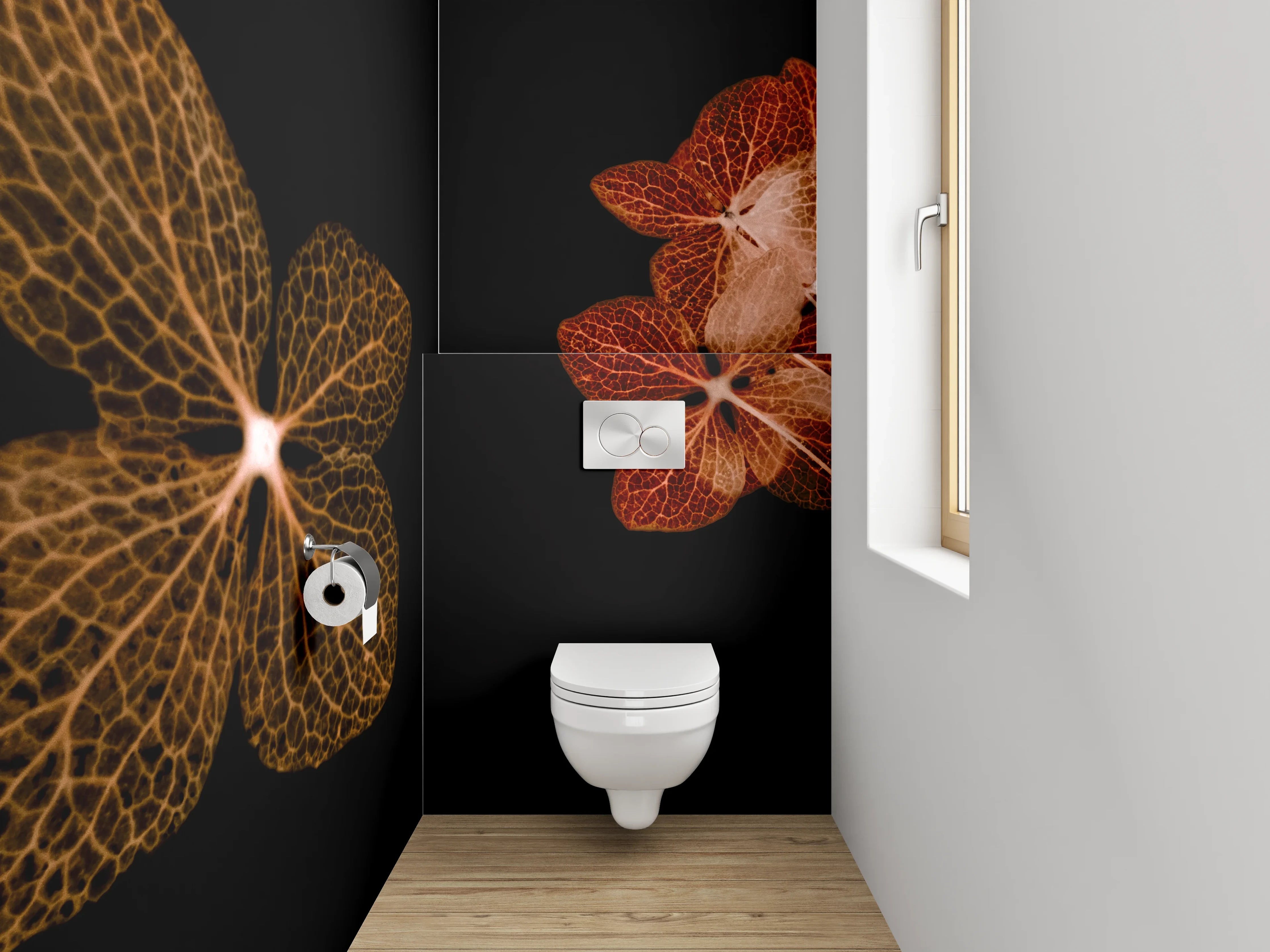 WC-Rückwand - Florale Skelettblätter auf Schwarz