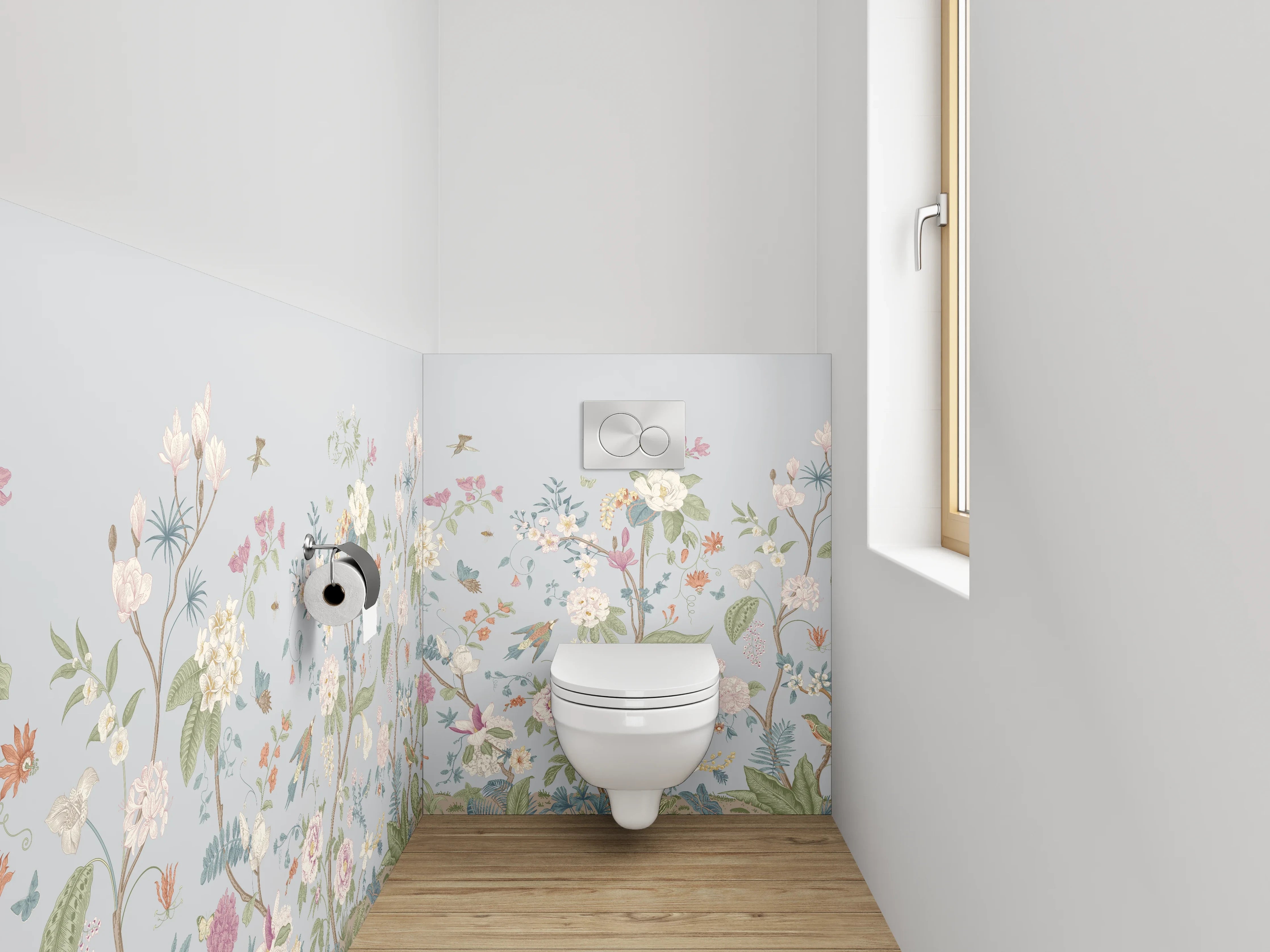 WC-Rückwand - Florale Vintage-Blumen auf Pastell-Blau