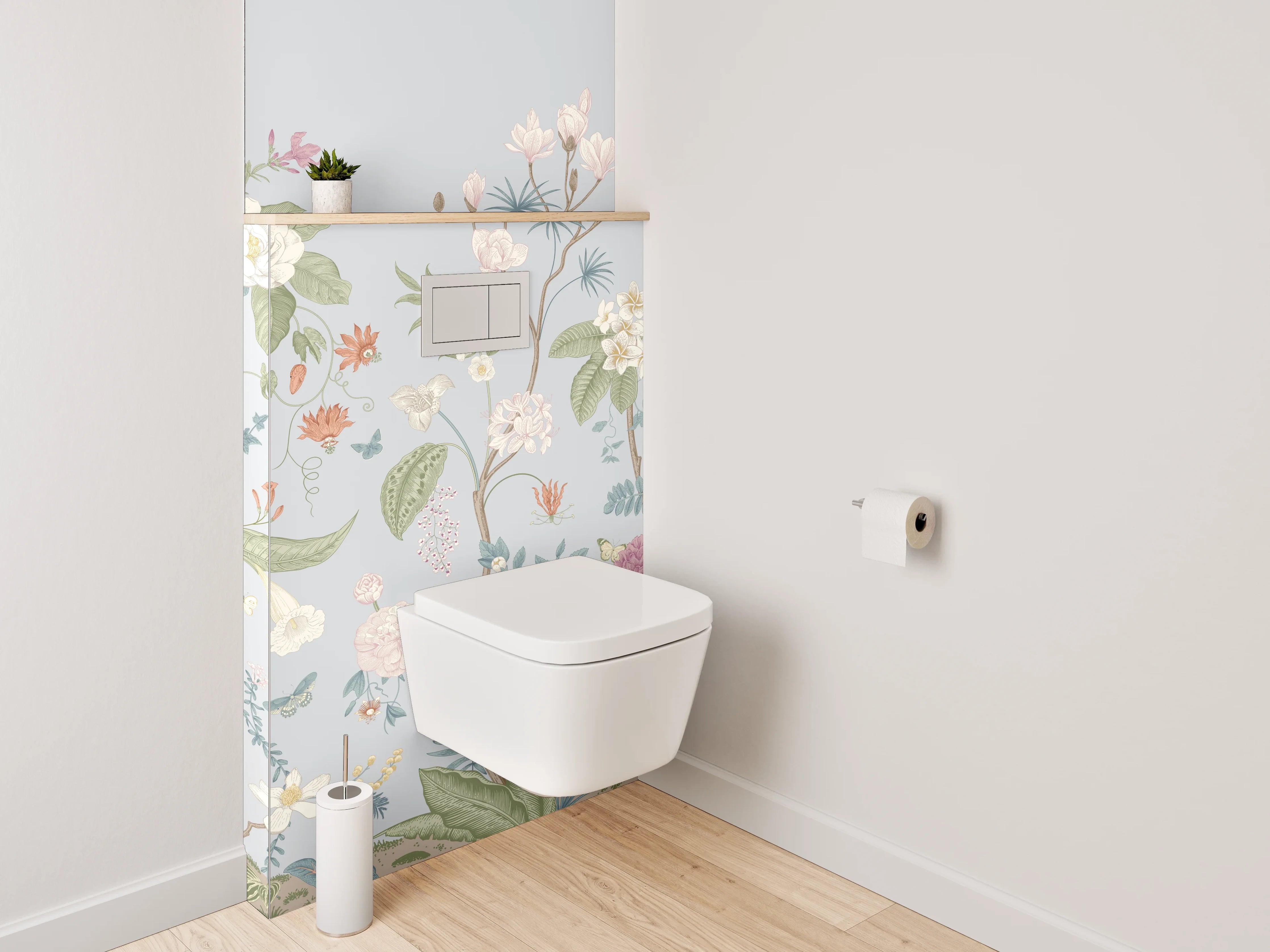 WC-Rückwand - Florale Vintage-Blumen auf Pastell-Blau
