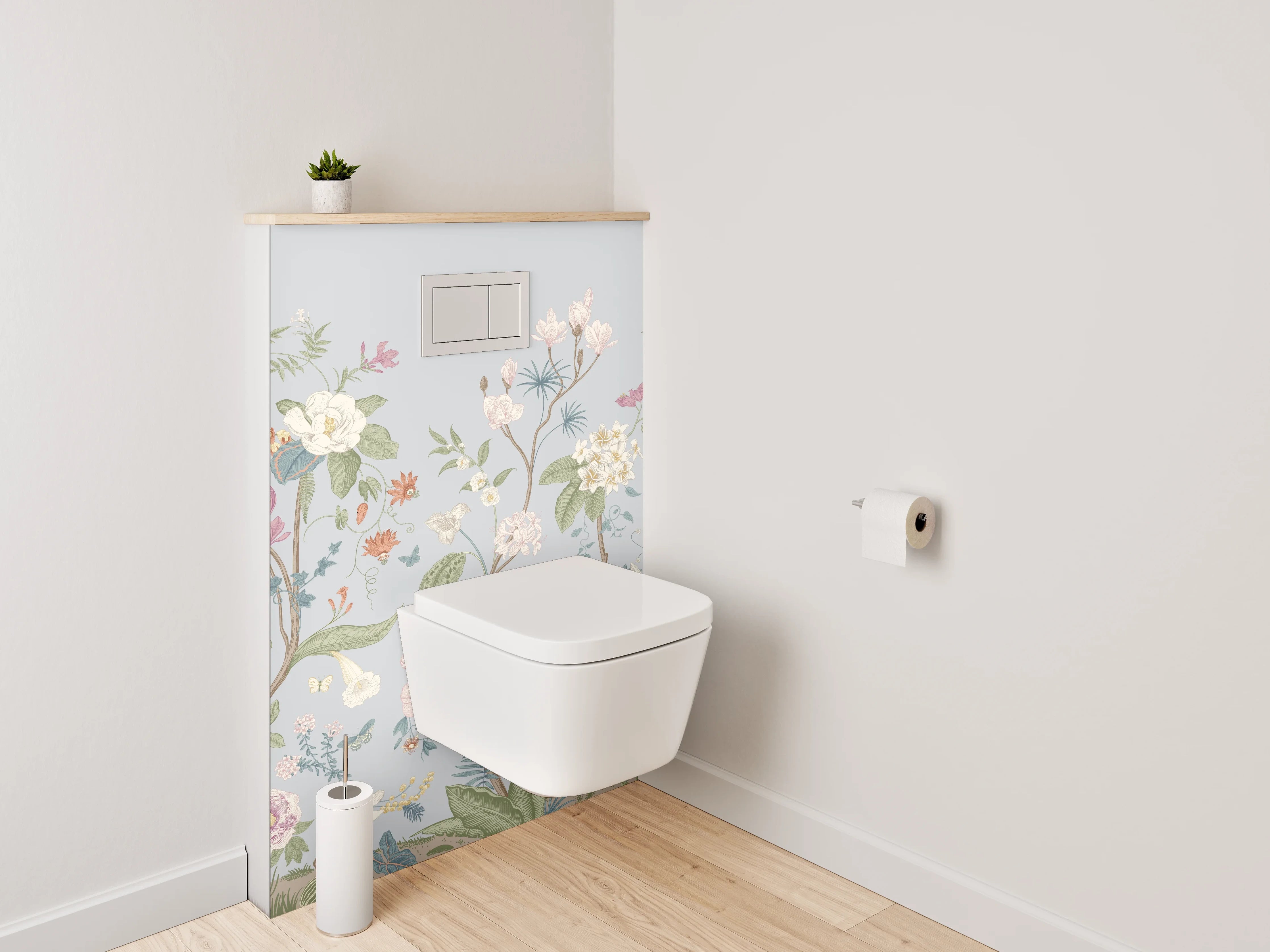 WC-Rückwand - Florale Vintage-Blumen auf Pastell-Blau