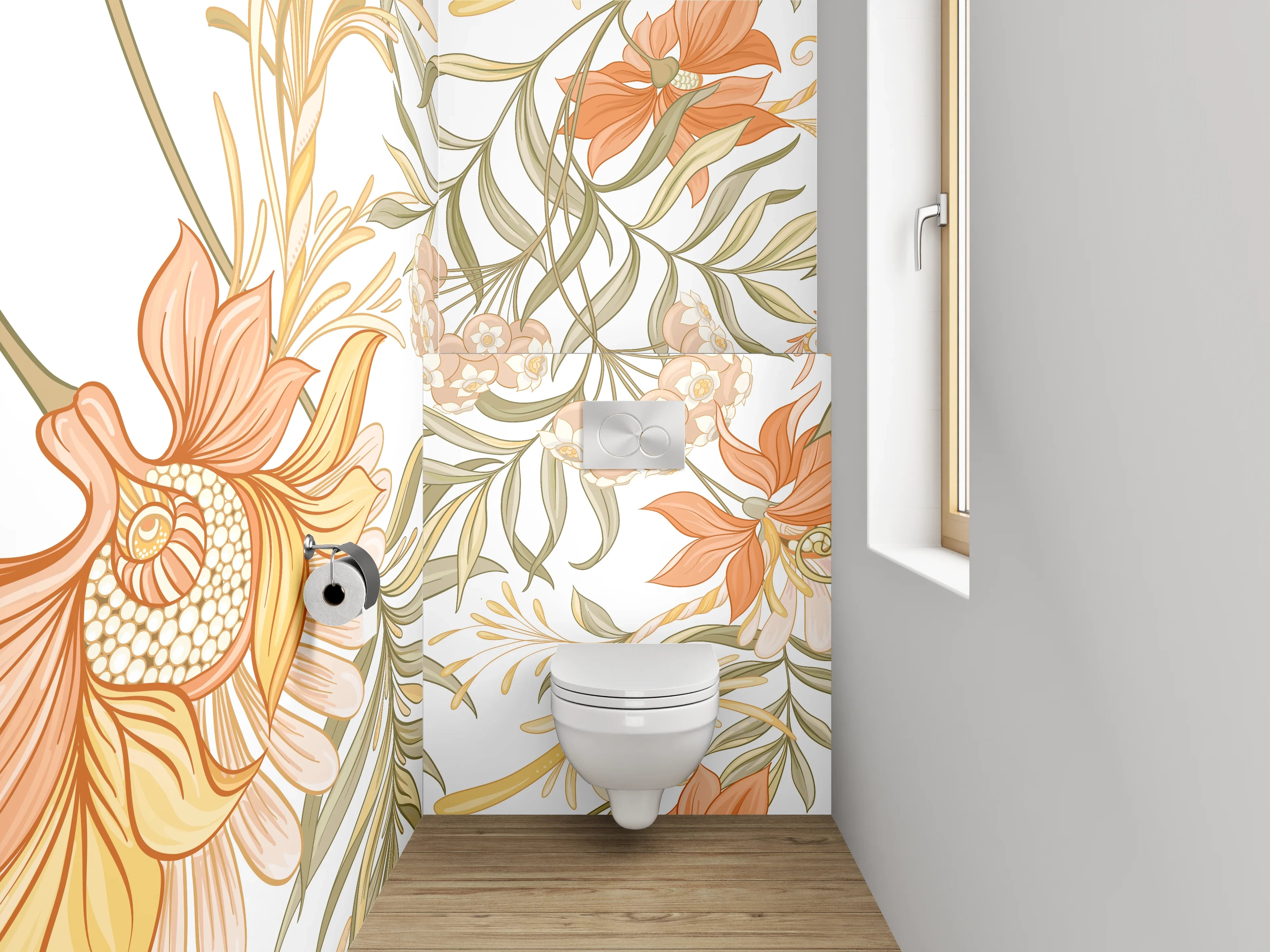 WC-Rückwand - Florale Vintage Illustration Beige Orange