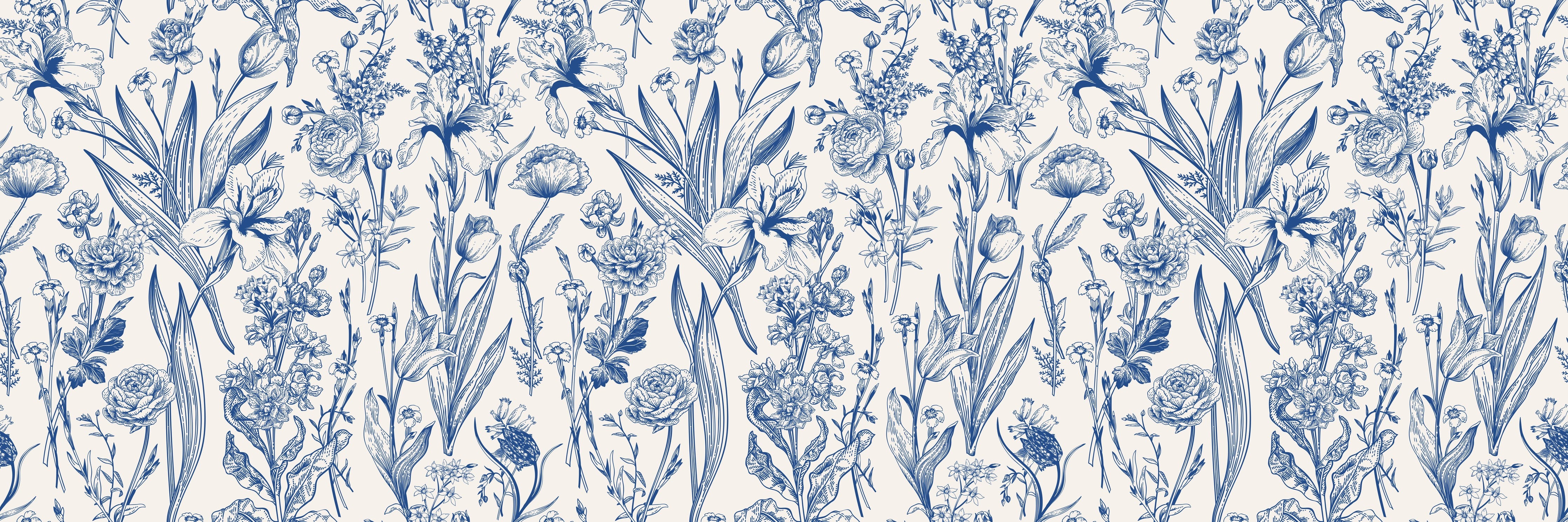 WC-Rückwand-Florale Vintage Tapete Blau Weiß