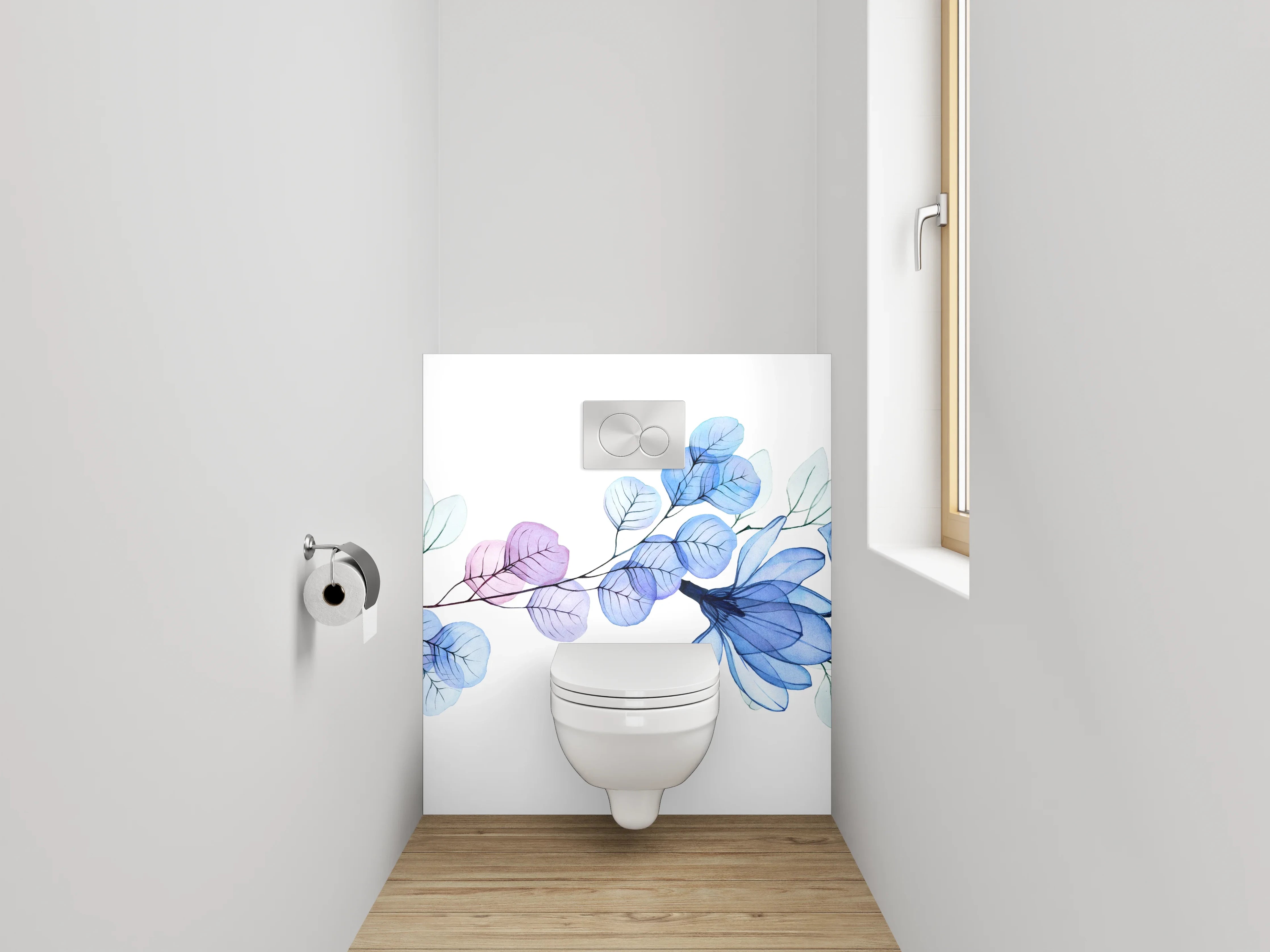 WC-Rückwand - Florales Aquarell-Design in Blautönen