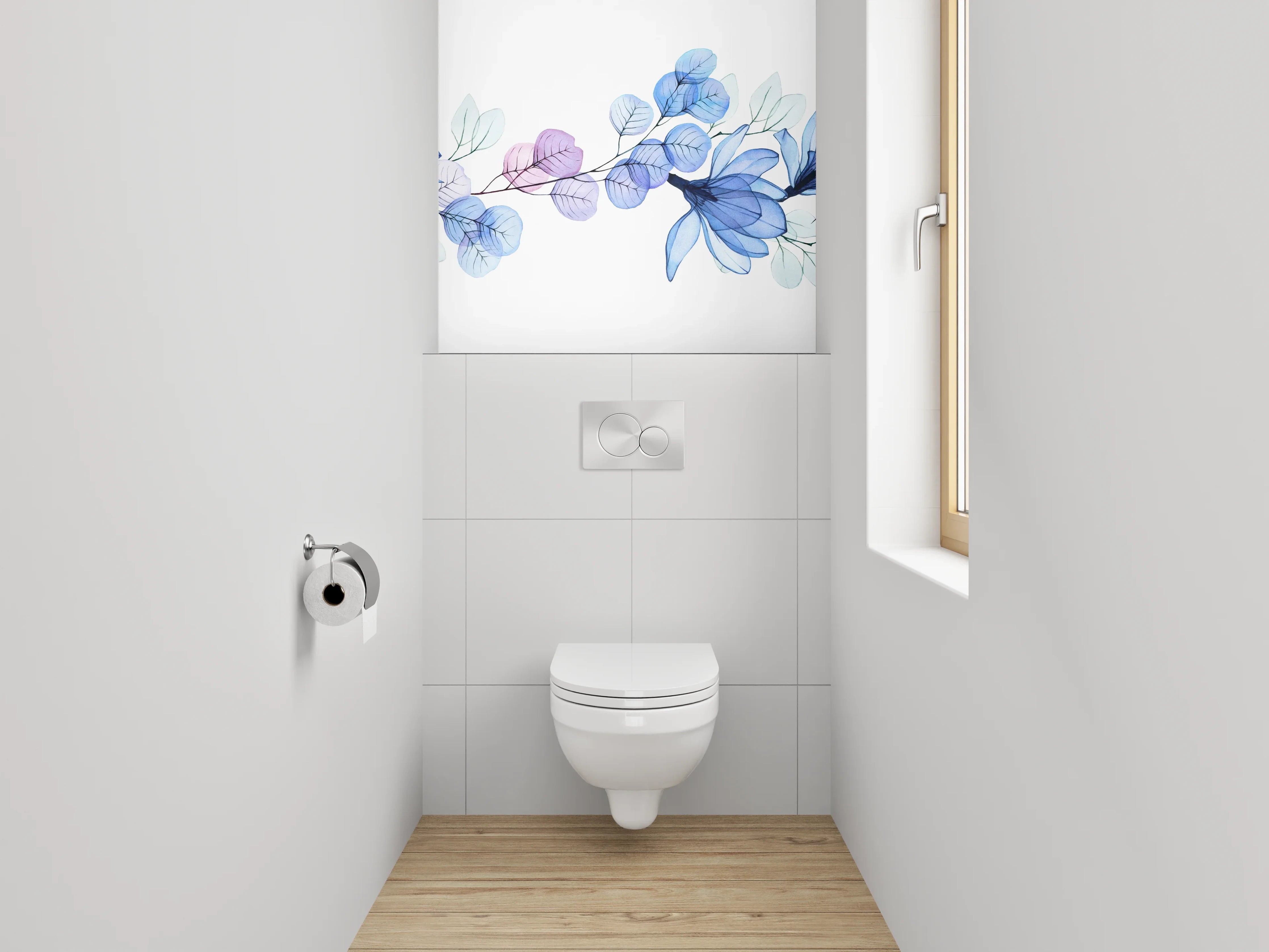 WC-Rückwand - Florales Aquarell-Design in Blautönen
