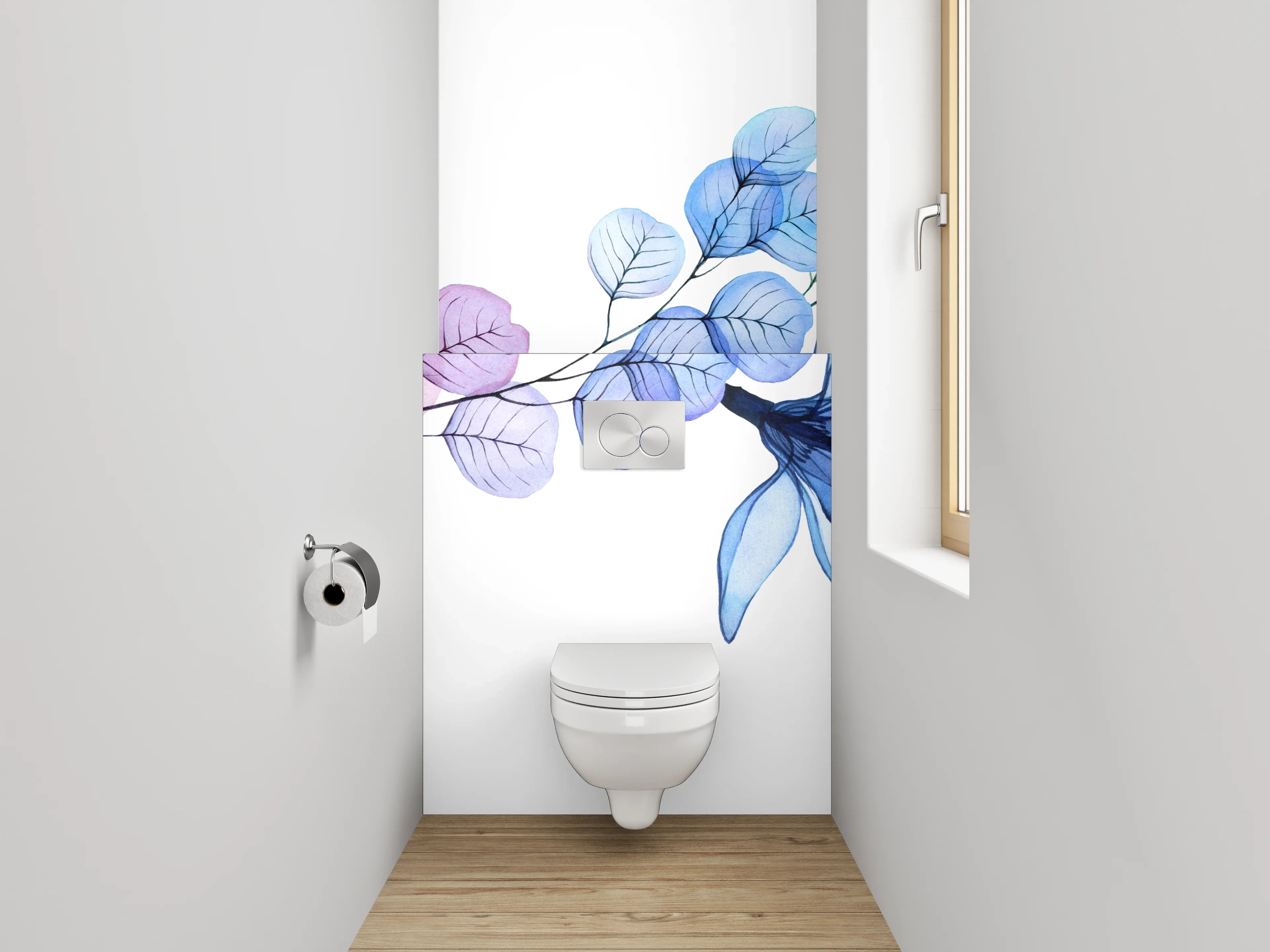 WC-Rückwand - Florales Aquarell-Design in Blautönen