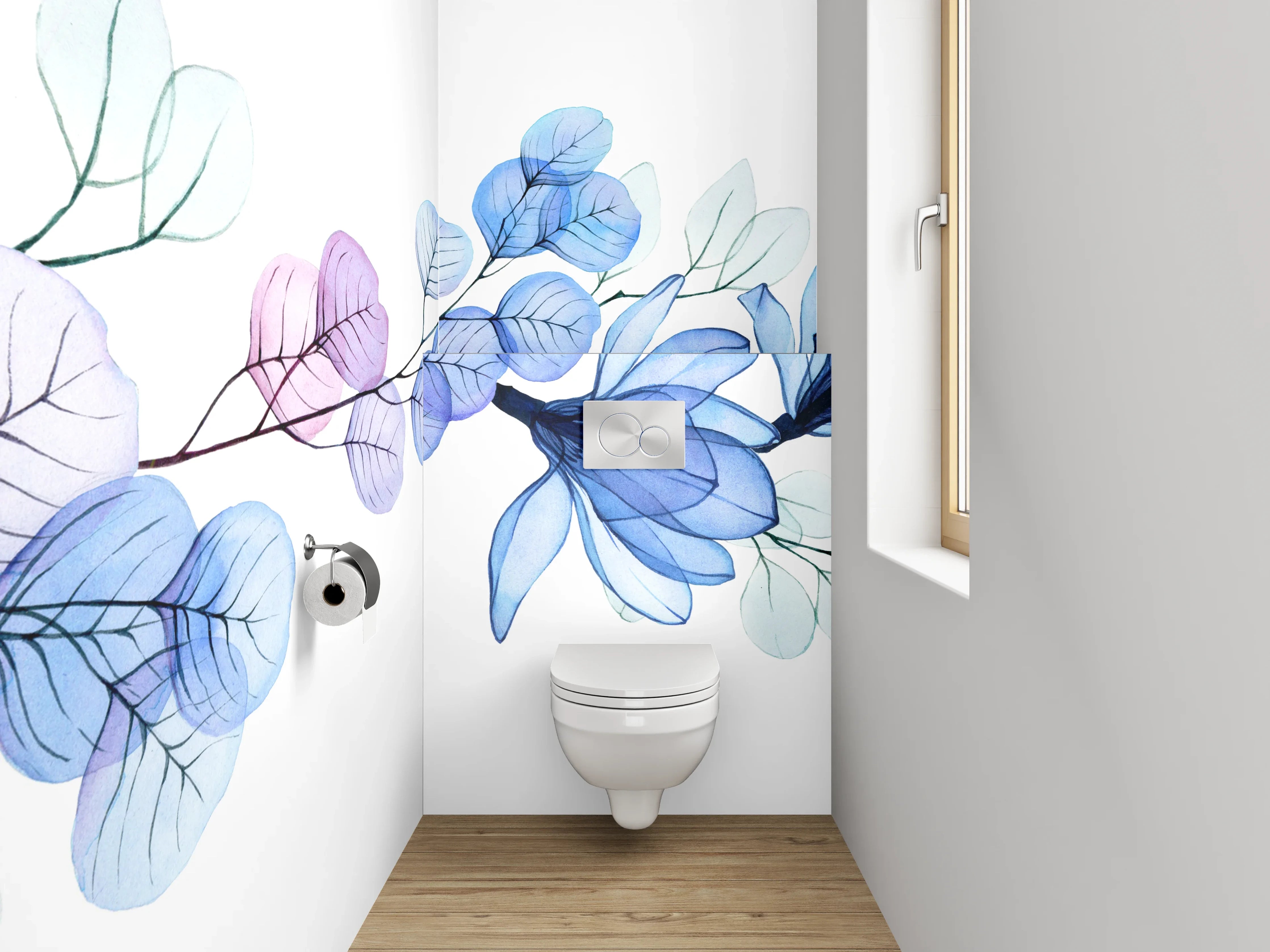 WC-Rückwand - Florales Aquarell-Design in Blautönen