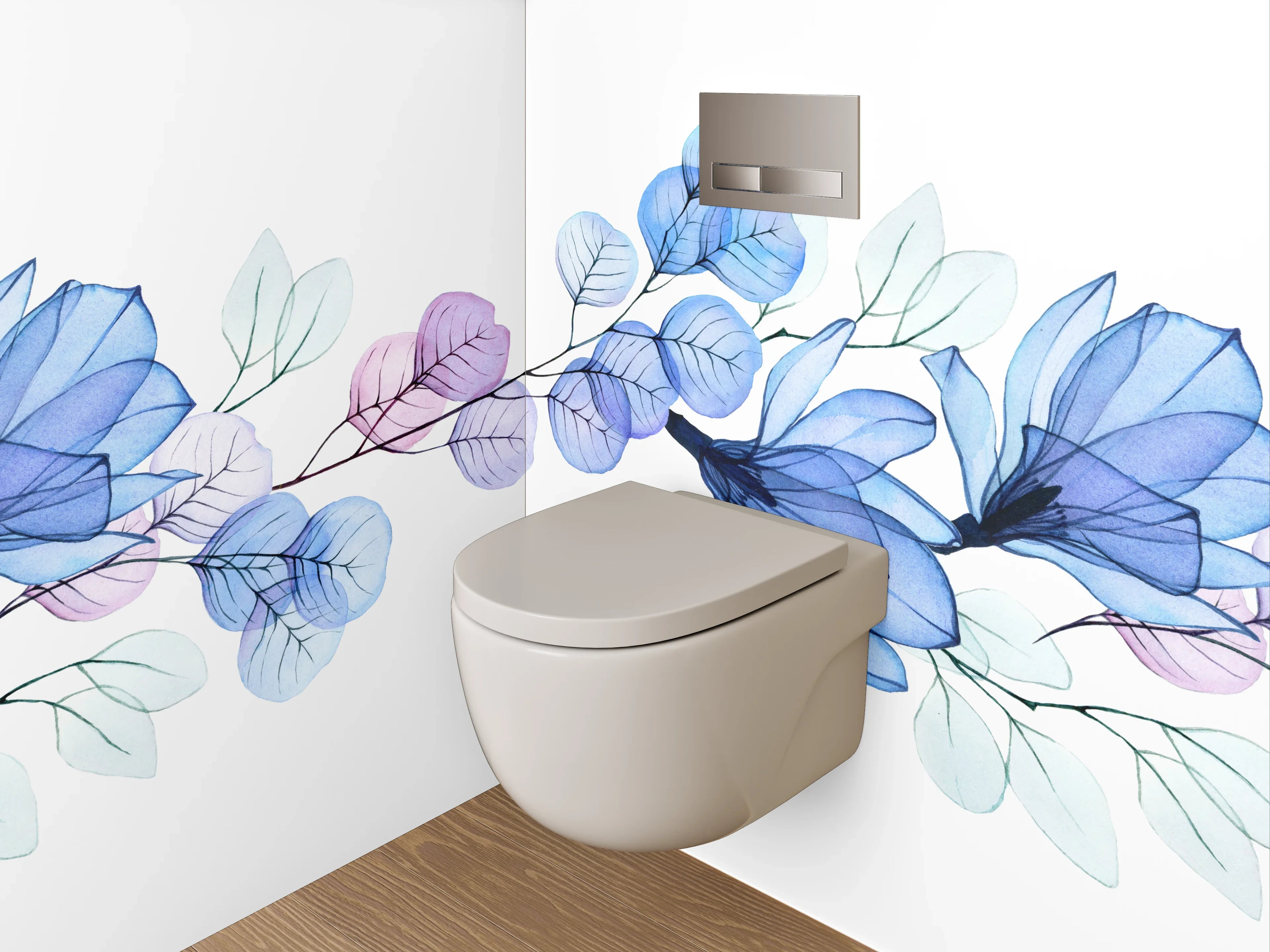 WC-Rückwand - Florales Aquarell-Design in Blautönen
