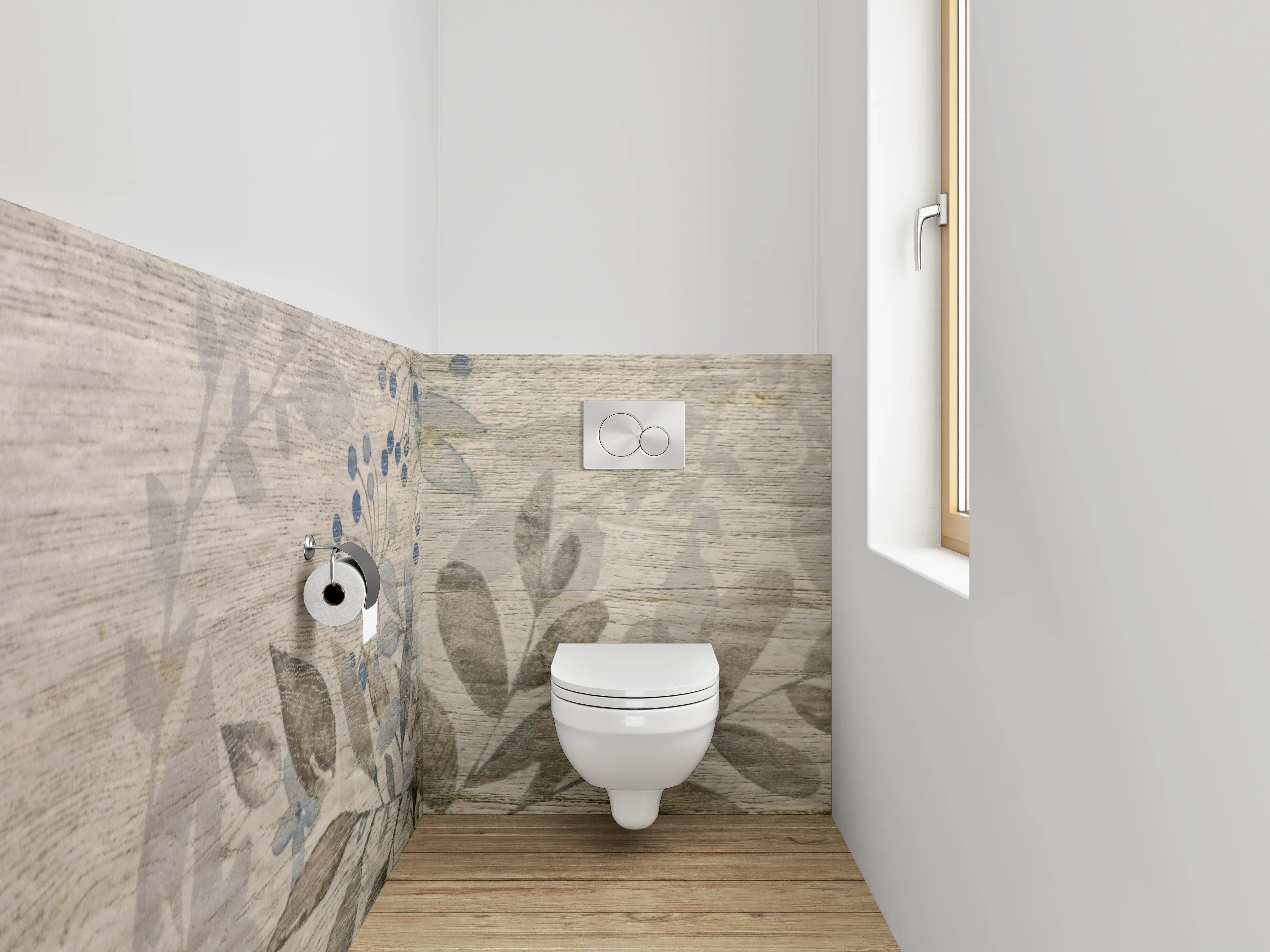 WC-Rückwand - Florales Aquarell auf Holzoptik – Beige Grau