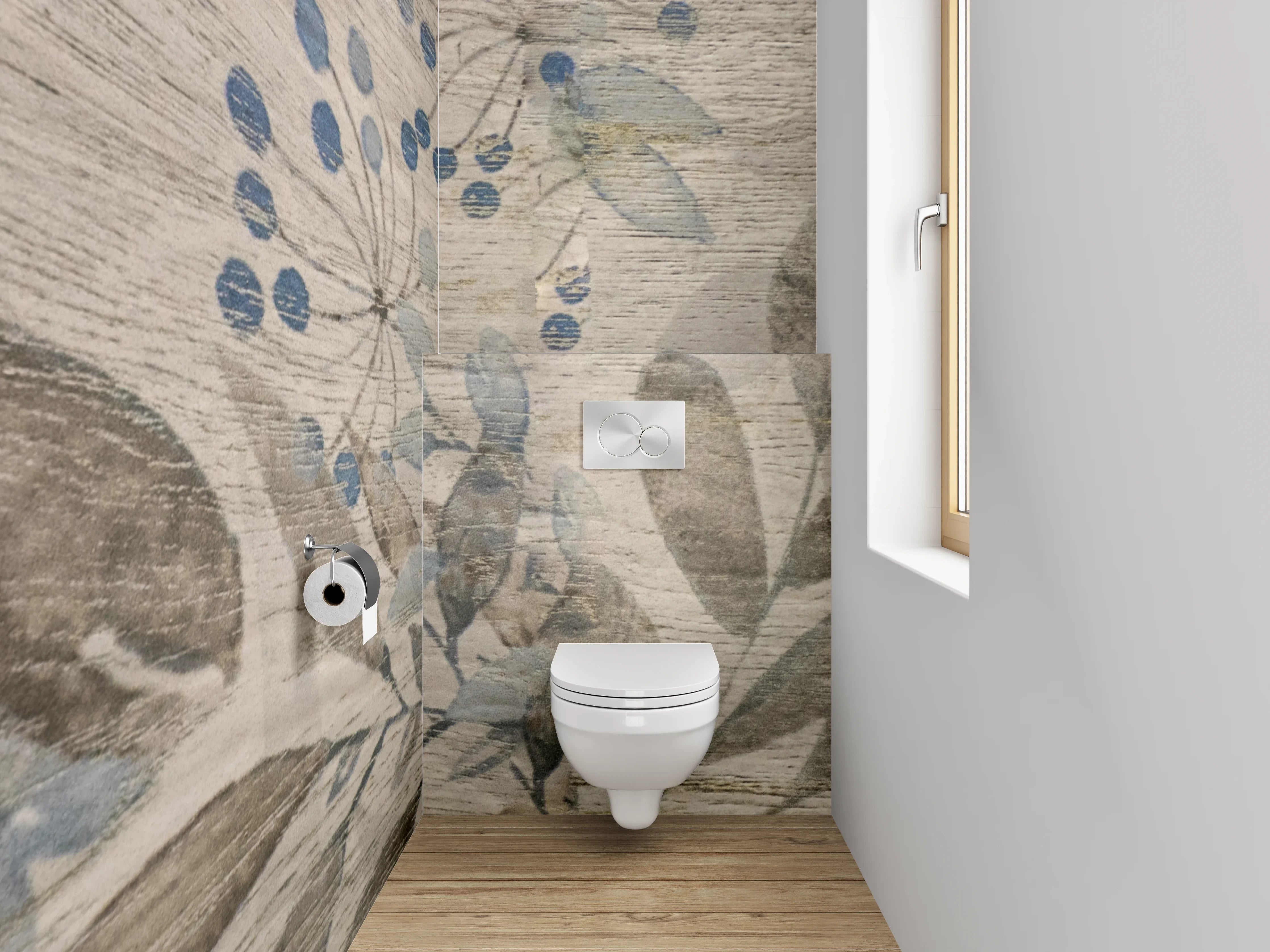 WC-Rückwand - Florales Aquarell auf Holzoptik – Beige Grau