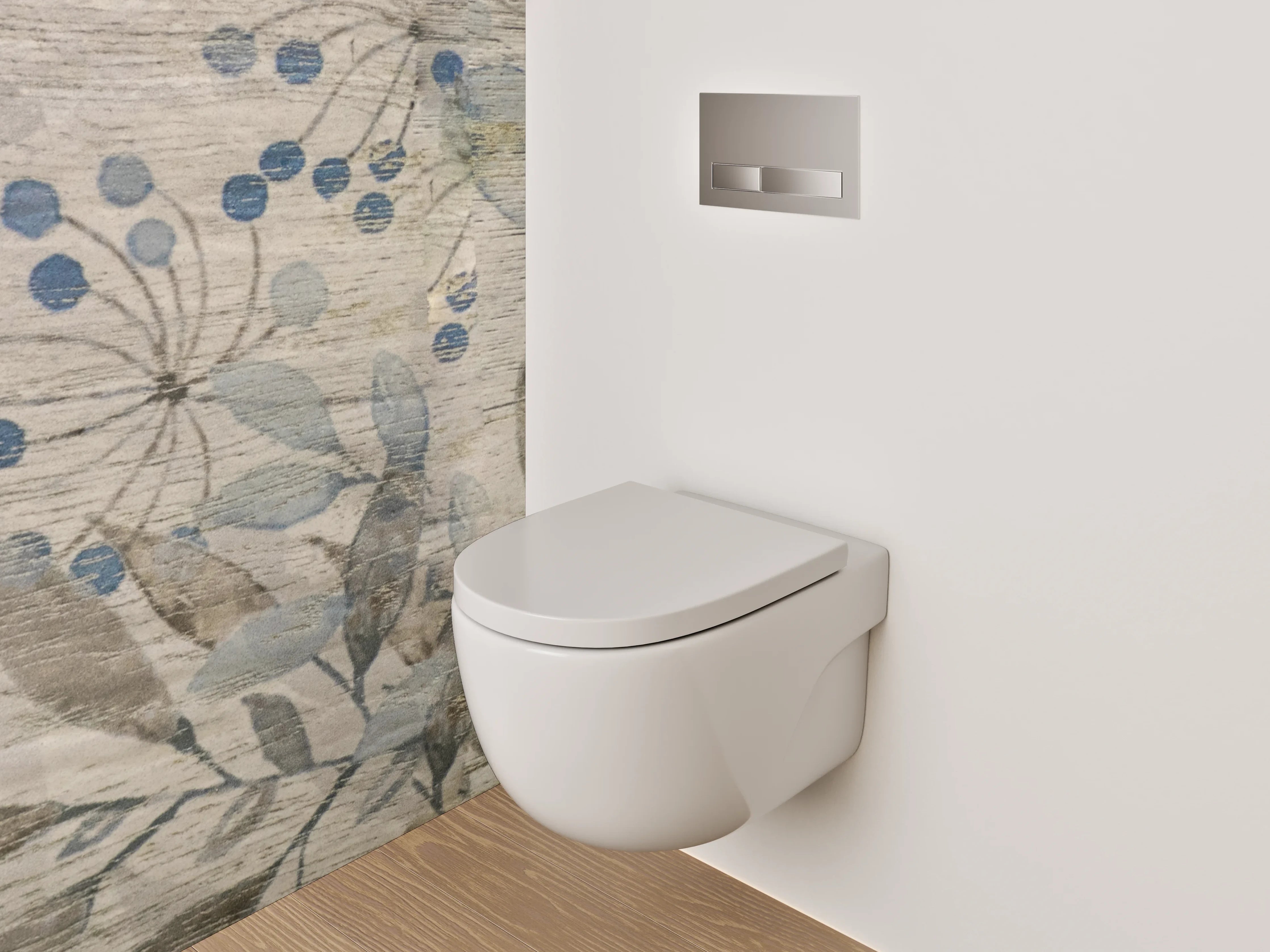 WC-Rückwand - Florales Aquarell auf Holzoptik – Beige Grau