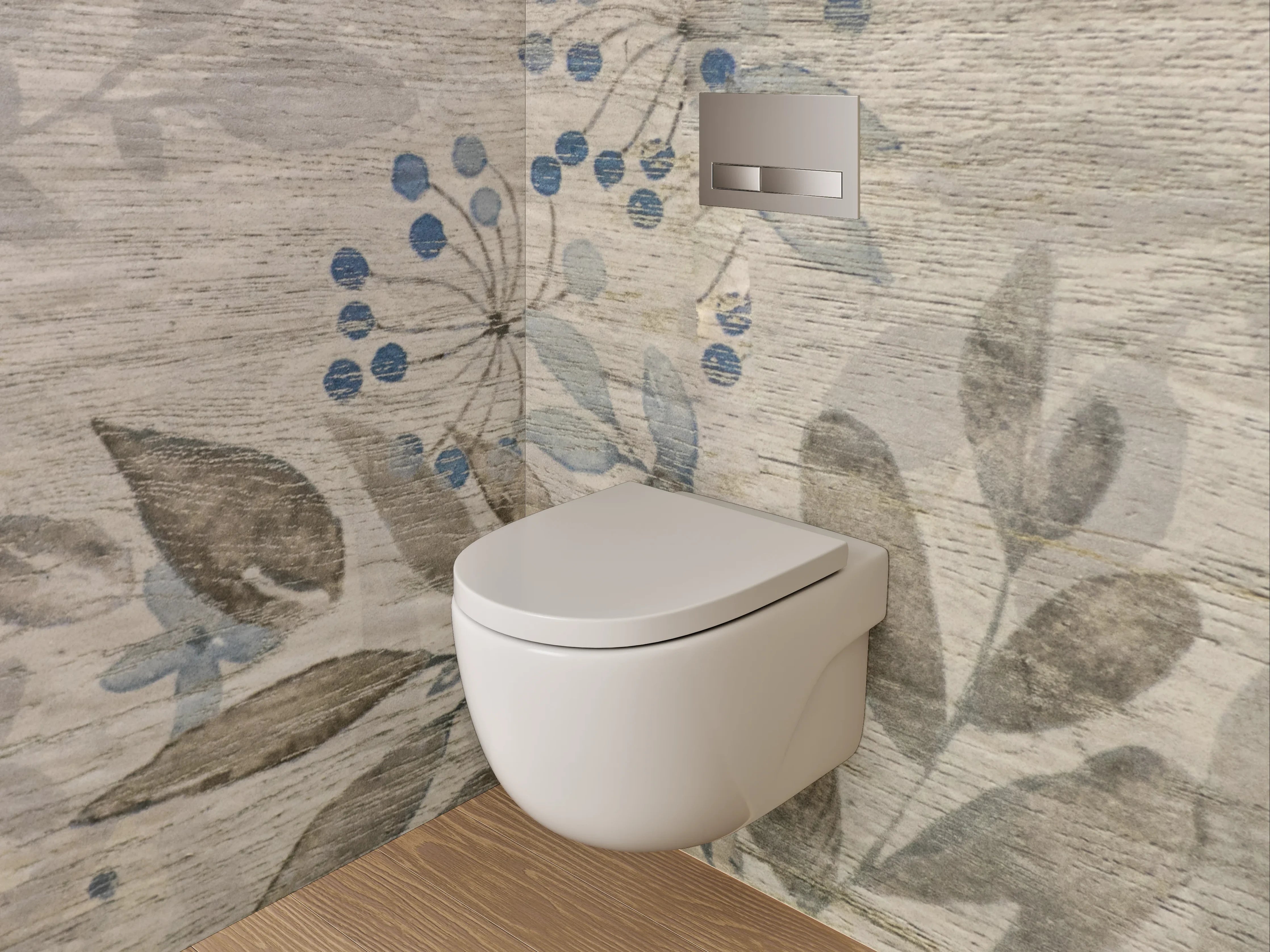 WC-Rückwand - Florales Aquarell auf Holzoptik – Beige Grau