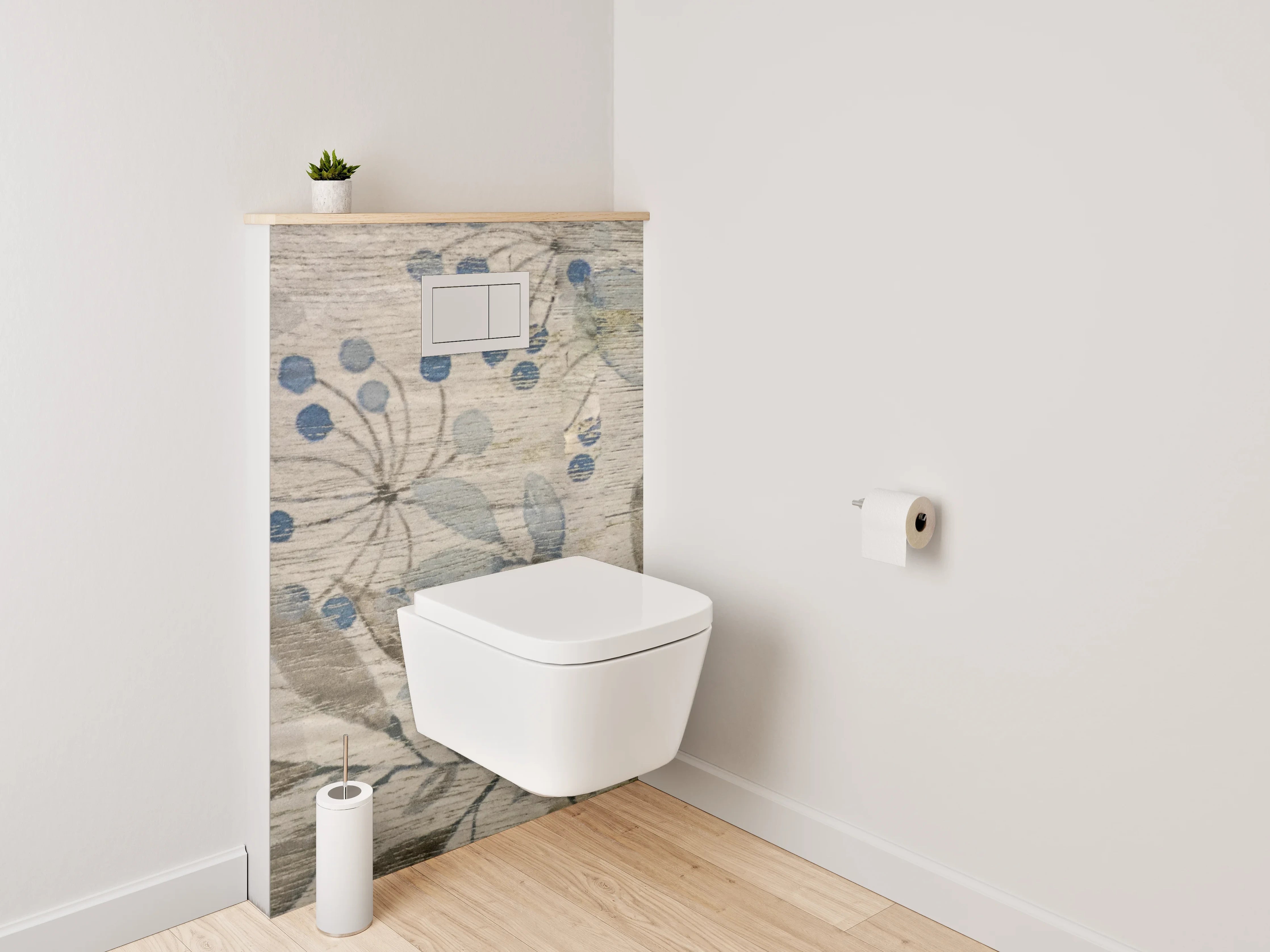 WC-Rückwand - Florales Aquarell auf Holzoptik – Beige Grau