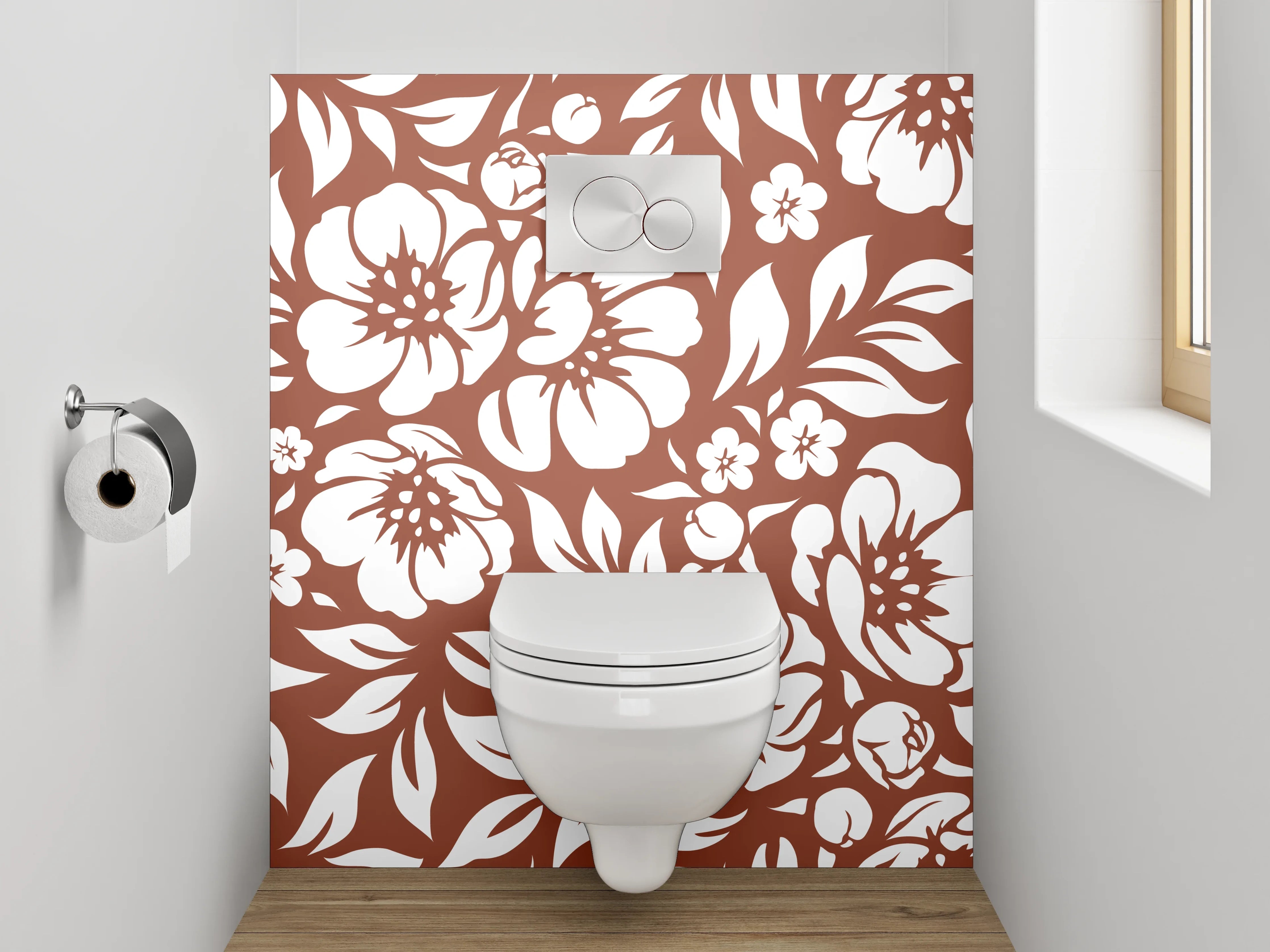 WC-Rückwand - Florales Blütenmuster Braun-Weiß Dekor