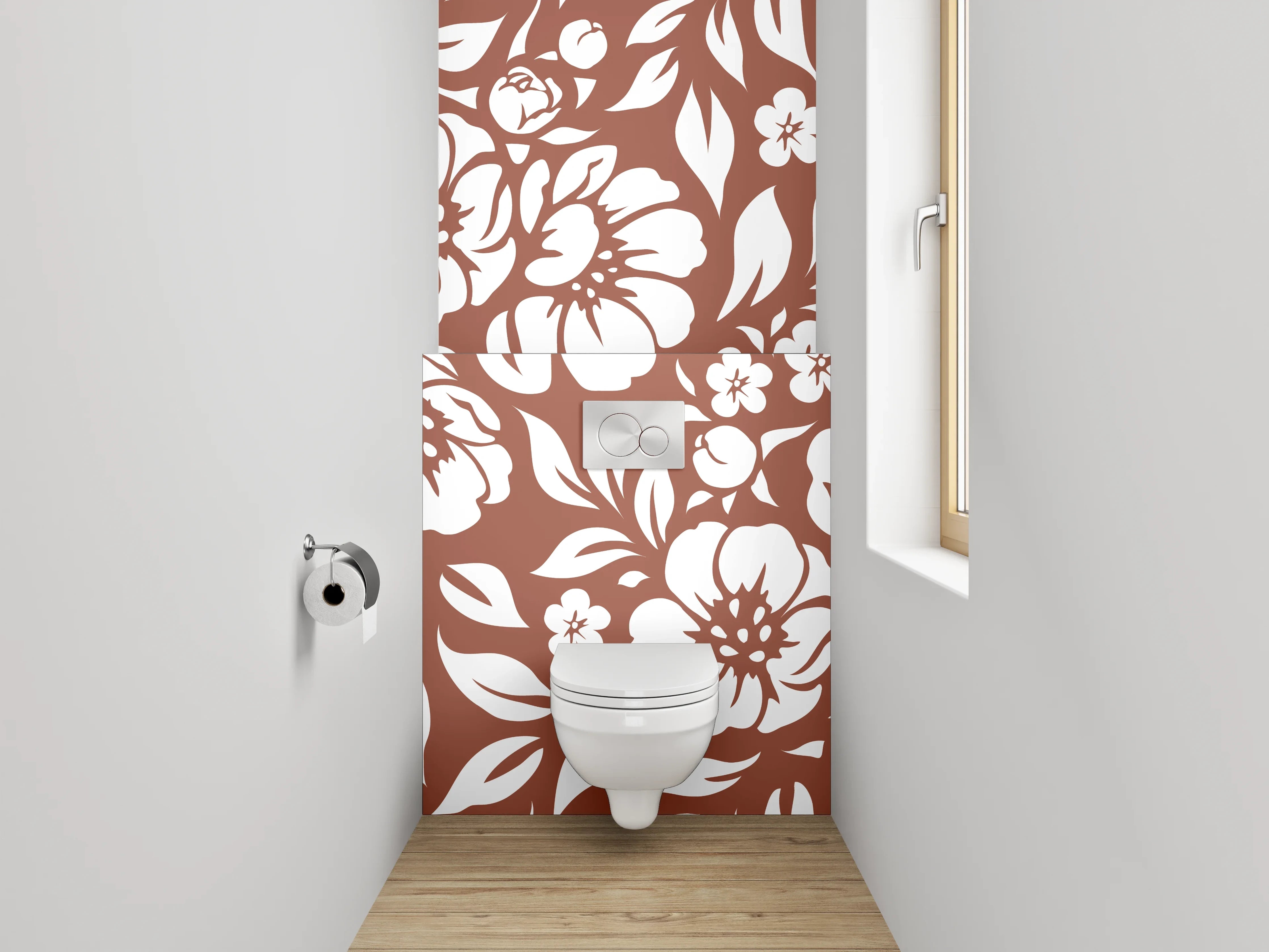 WC-Rückwand - Florales Blütenmuster Braun-Weiß Dekor
