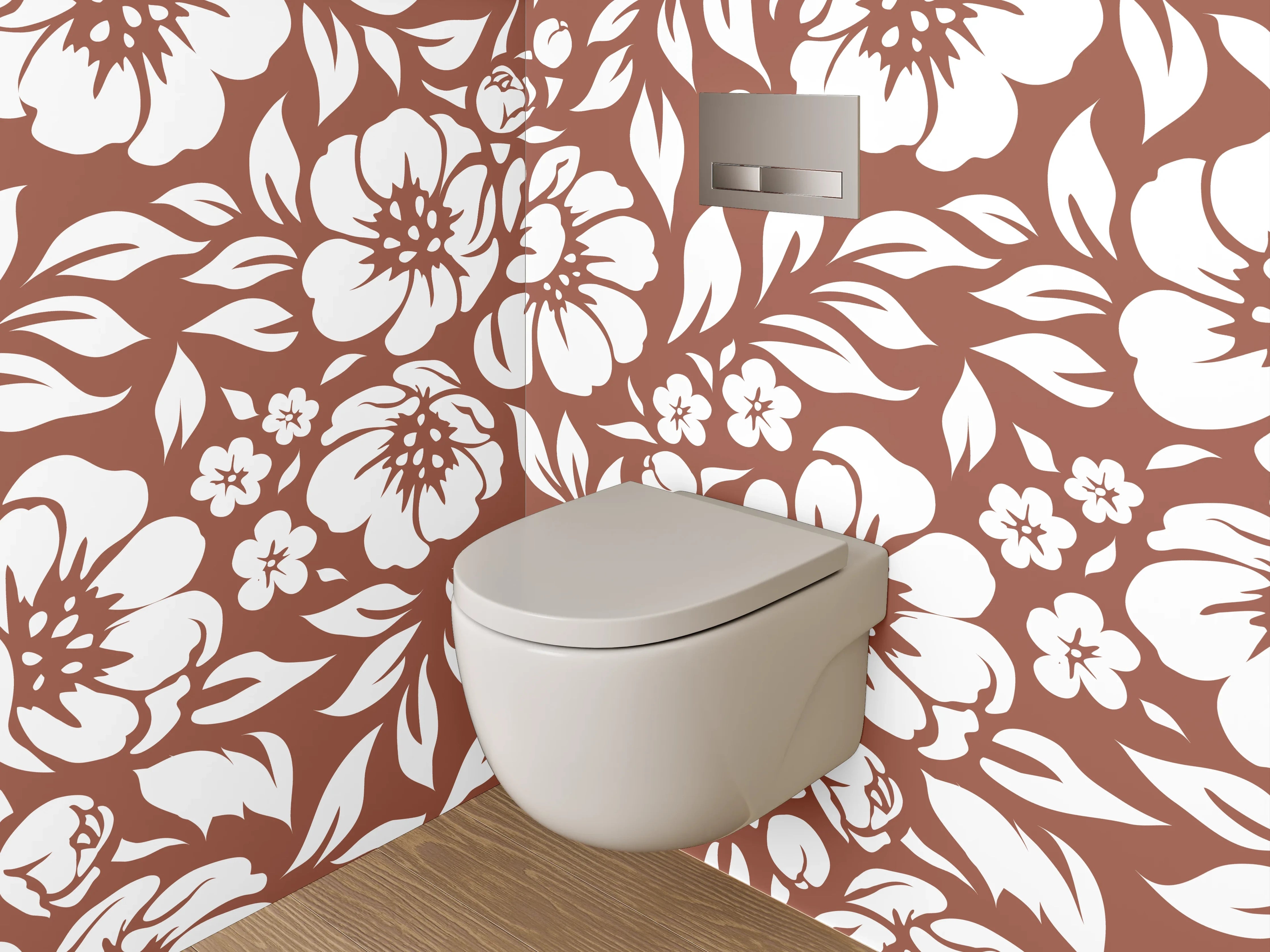 WC-Rückwand - Florales Blütenmuster Braun-Weiß Dekor