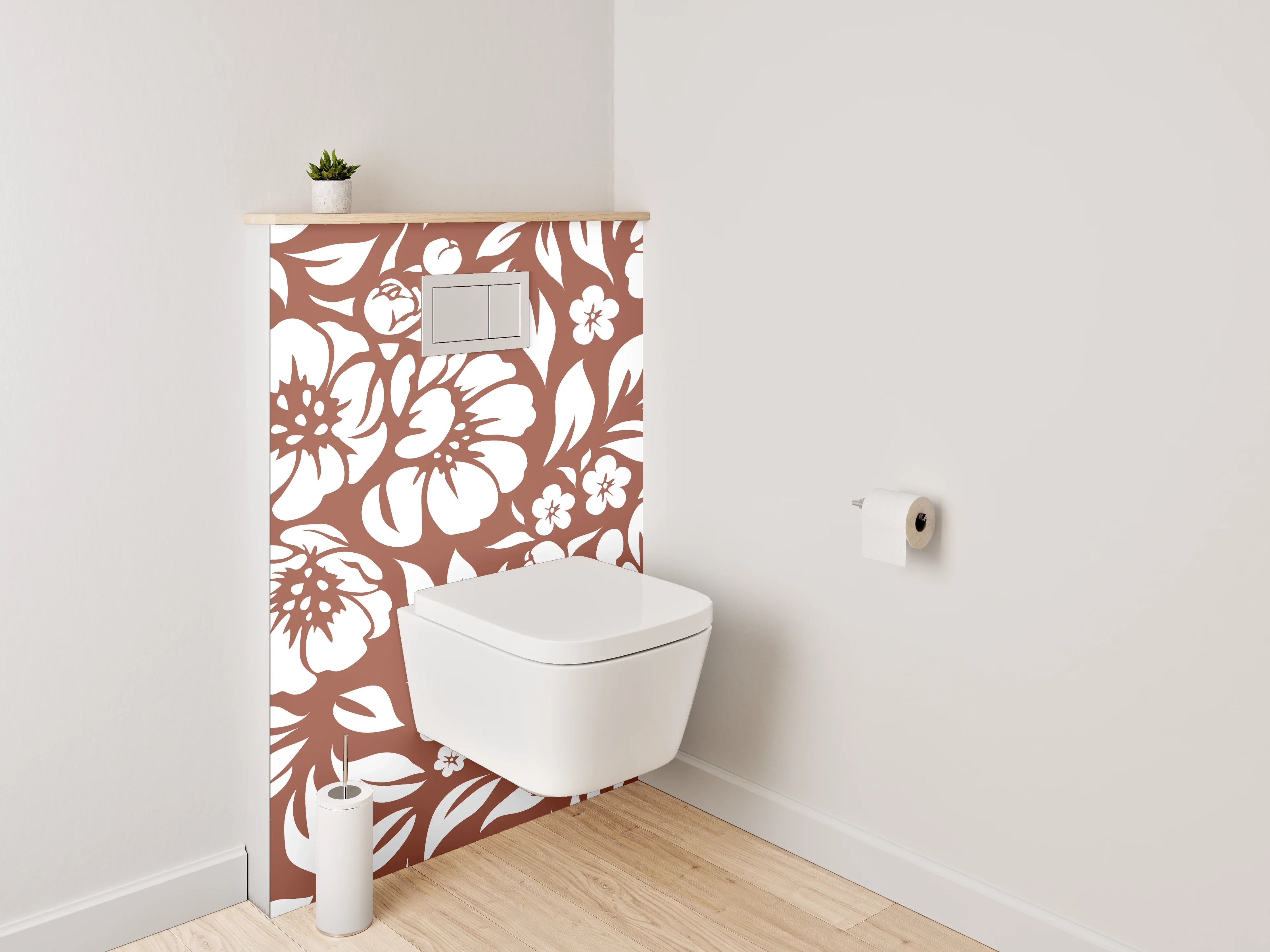 WC-Rückwand - Florales Blütenmuster Braun-Weiß Dekor
