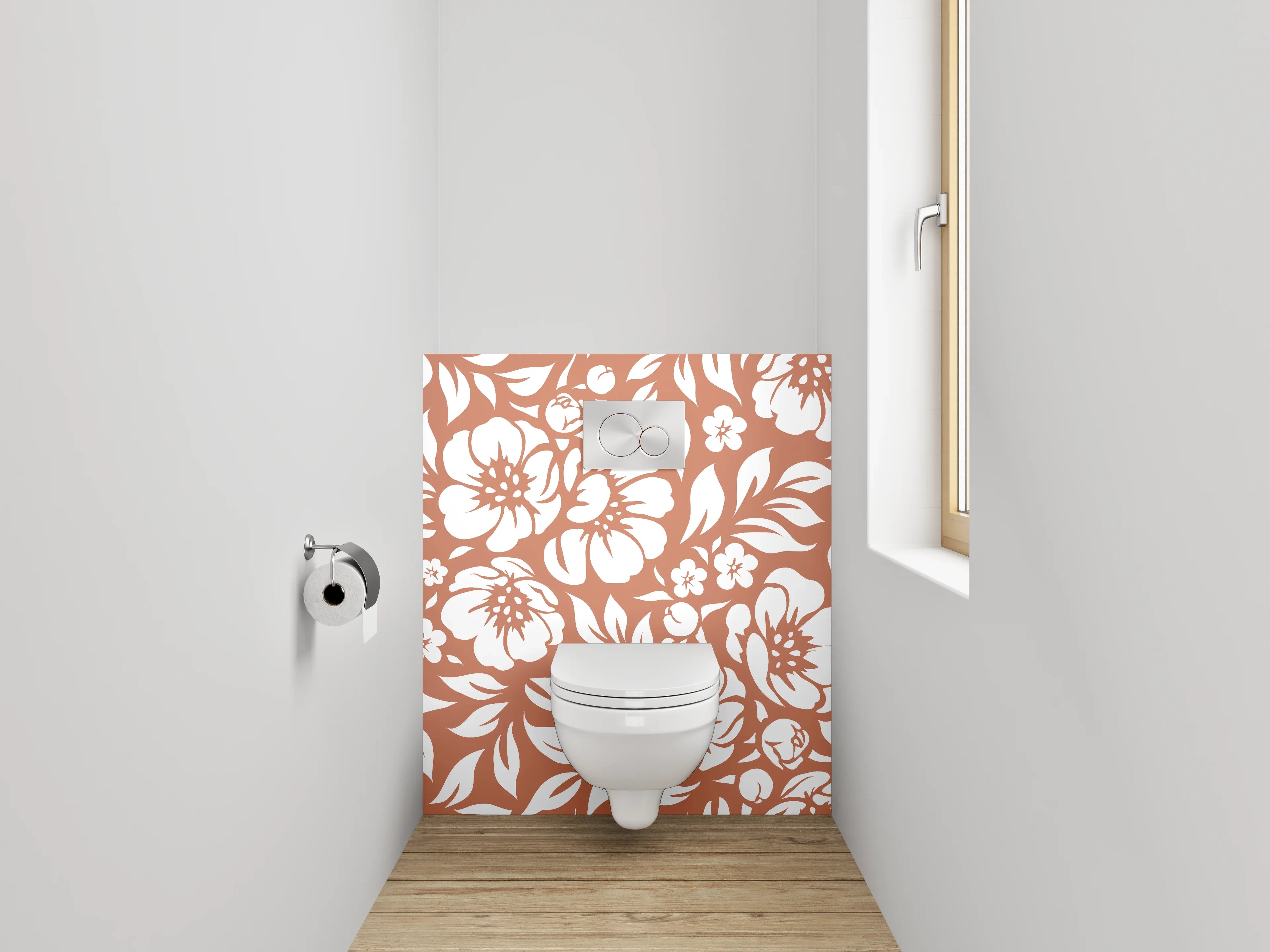 WC-Rückwand - Florales Blütenmuster Braun Weiß