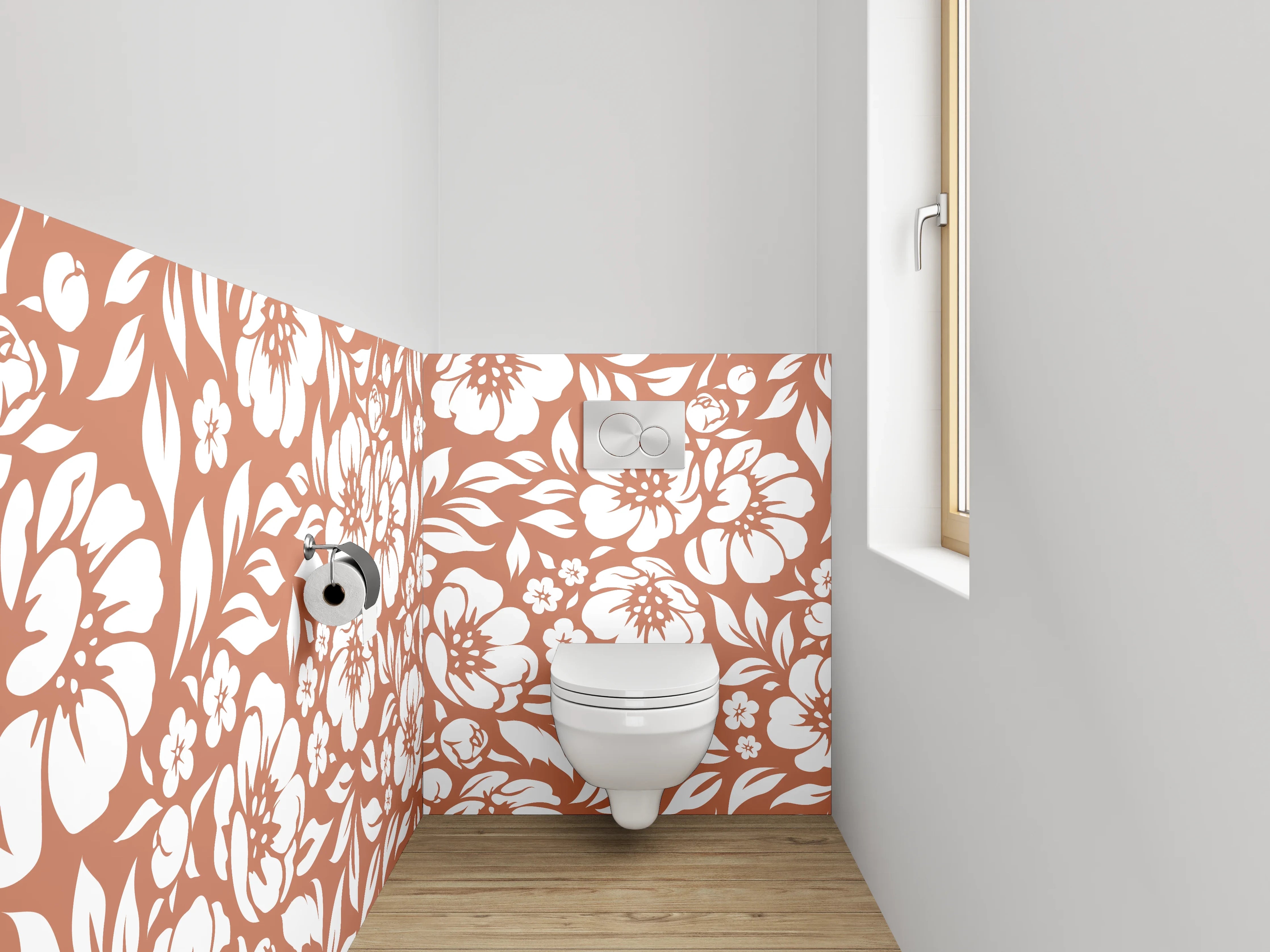 WC-Rückwand - Florales Blütenmuster Braun Weiß